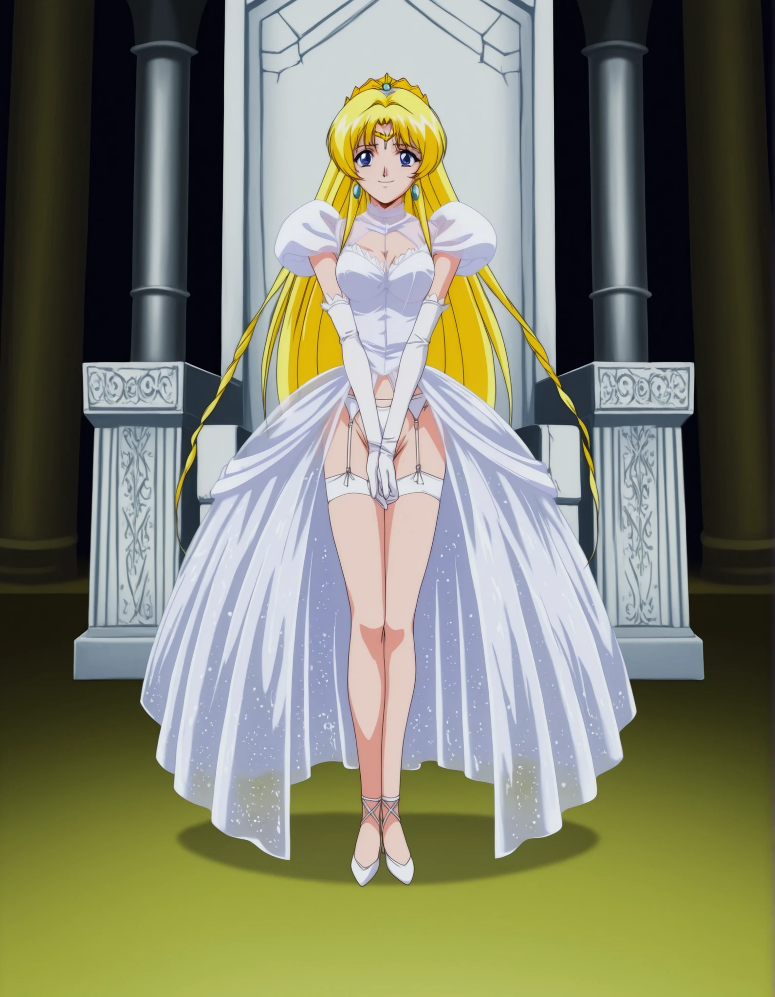 score_9, score_8_up, score_7_up,anime_screenshot,OFFICIAL ART,anime coloring, official anime artwork, screencap, anime screencap,uncensored,nsfw,retro artstyle,1990s_\(style\), ,BREAK,1girl,solo,mai_npprincess,very_long_hair,blonde_hair,blue_eyes,
,BREAK,complete nude,circlet,earrings,princess,(see-through white_dress:1.5),cleavage cutout,elbow_gloves,white_gloves,highleg side-tie white panties,thong, white garter belt, white garter hose,white highheel,BREAK,small smile,BREAK, standing,v-arms,BREAK,full body,fantasy world,indoor,castle,throne room