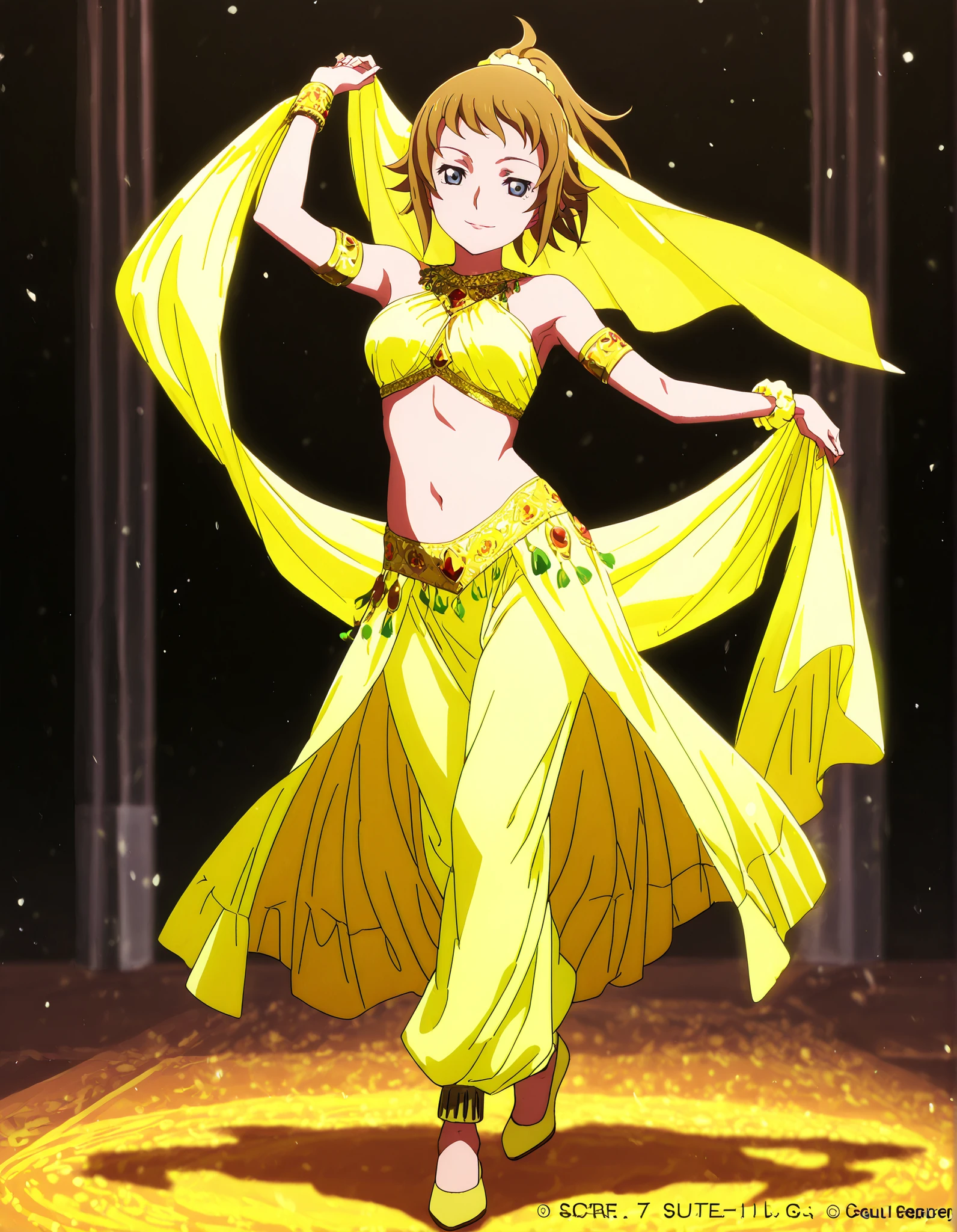 (1girl:1 . 5) , (Seul:1 . 5) , score_9 , score_8_haut , score_7_haut , source_anime , Official work , ultra-detailed , masterpiece , best quality , high resolution , beaux yeux , detailed eyes , Detailed face , beautiful detailed eyes,1girl, blue eyes, brown hair, ponytail, scrunchie,Mobile Suit Gundam,Fumina Hoshino,Arabian Clothes , Arabian Dancer Outfit ,belly dancer costume,belly dancer outfit ,full body,golden jewelery,armlet, belly dancing,arabian theater,seductive smile, dancing with veil, dynamic movement,dance posture, seductive pose