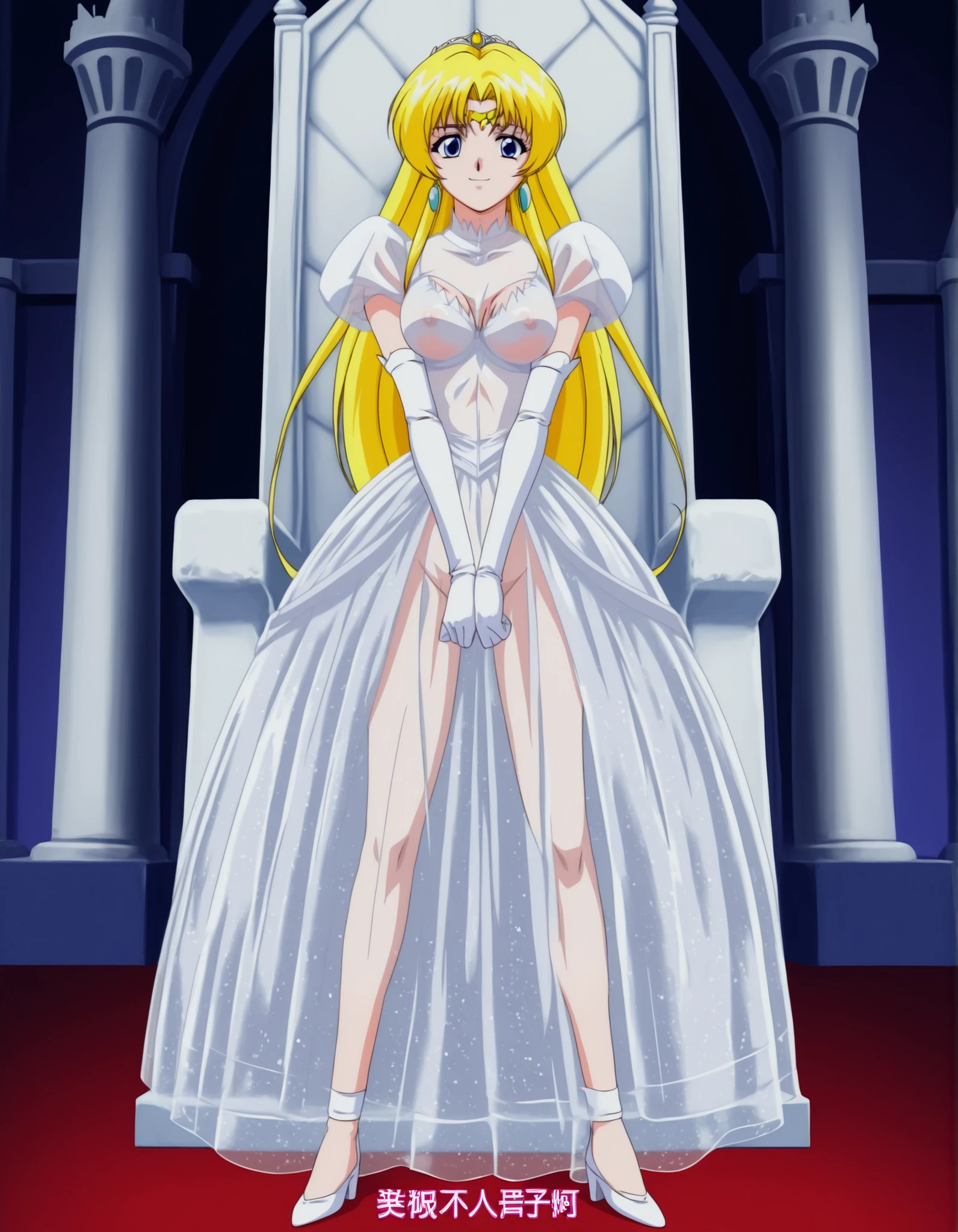 score_9, score_8_up, score_7_up,anime_screenshot,OFFICIAL ART,anime coloring, official anime artwork, screencap, anime screencap,uncensored,nsfw,retro artstyle,1990s_\(style\), ,BREAK,1girl,solo,mai_npprincess,very_long_hair,blonde_hair,blue_eyes,
,BREAK,complete nude,circlet,earrings,princess,(see-through white_dress:1.5),bottom full coverd see-through skirt,no bra,cleavage cutout,(show breasts:1.5),elbow_gloves,white_gloves,white highheel,BREAK,small smile,BREAK, standing,v-arms,BREAK,full body,fantasy world,indoor,castle,throne room