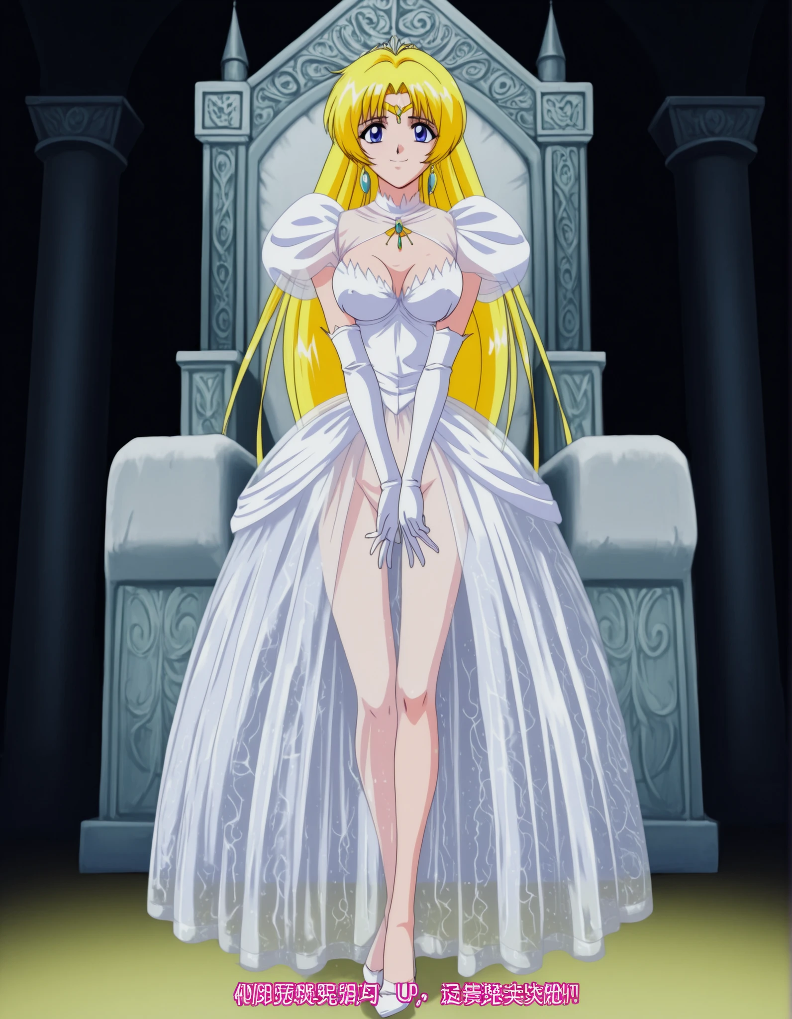 score_9, score_8_up, score_7_up,anime_screenshot,OFFICIAL ART,anime coloring, official anime artwork, screencap, anime screencap,uncensored,nsfw,retro artstyle,1990s_\(style\), ,BREAK,1girl,solo,mai_npprincess,very_long_hair,blonde_hair,blue_eyes,
,BREAK,complete nude,circlet,earrings,princess,(see-through white_dress:1.5),bottom full coverd see-through skirt,no bra,cleavage cutout,(show breasts:1.5),elbow_gloves,white_gloves,white highheel,BREAK,small smile,BREAK, standing,v-arms,BREAK,full body,fantasy world,indoor,castle,throne room