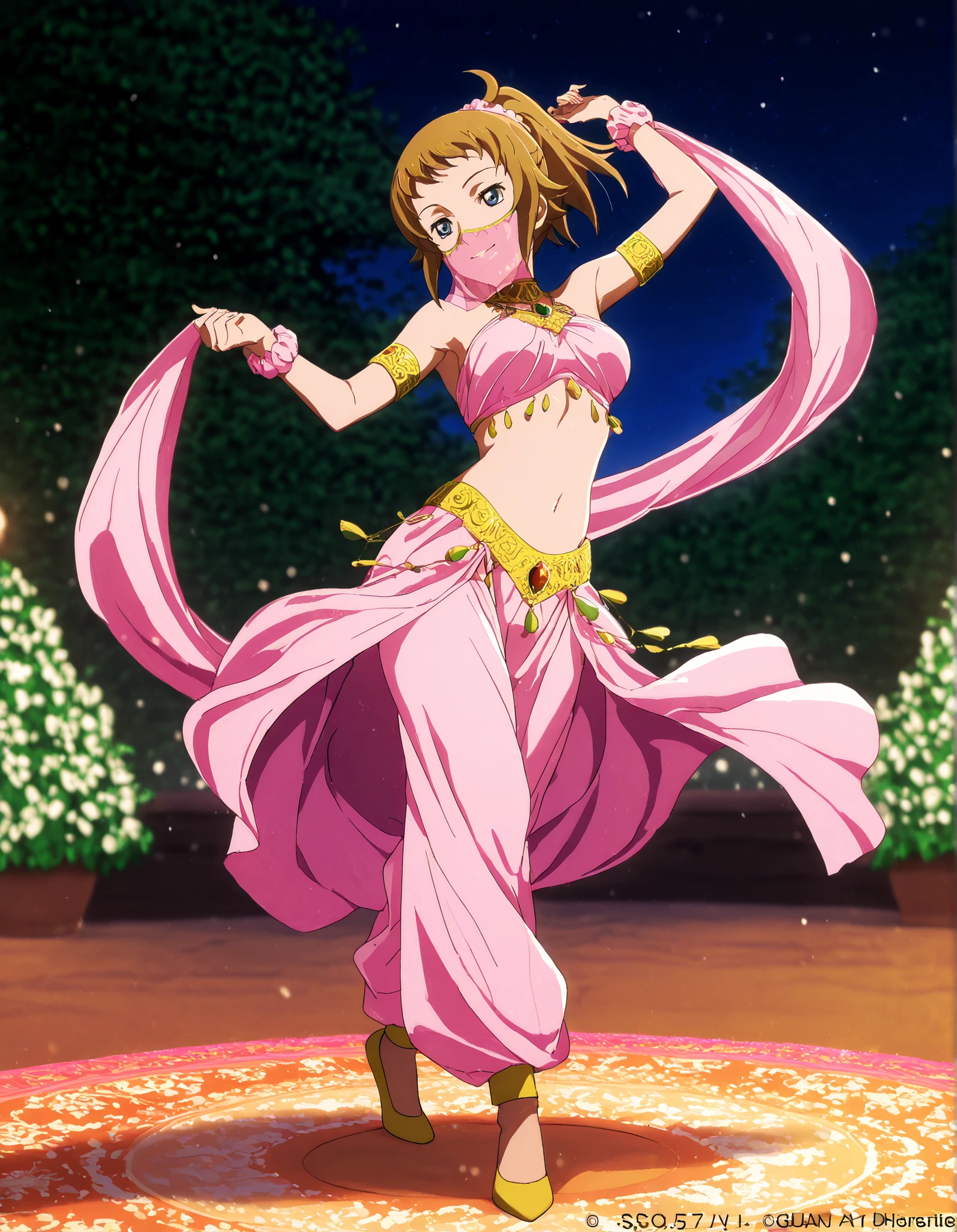 (1girl:1 . 5) , (Seul:1 . 5) , score_9 , score_8_haut , score_7_haut , source_anime , Official work , ultra-detailed , masterpiece , best quality , high resolution , beaux yeux , detailed eyes , Detailed face , beautiful detailed eyes,1girl, blue eyes, brown hair, ponytail, scrunchie,Mobile Suit Gundam,Fumina Hoshino,Arabian Clothes , Arabian Dancer Outfit ,belly dancer costume,belly dancer outfit ,full body,golden jewelery,mouth veil,armlet, belly dancing,night,arabian garden,seductive smile, dancing with veil, dynamic movement,dance posture, seductive pose