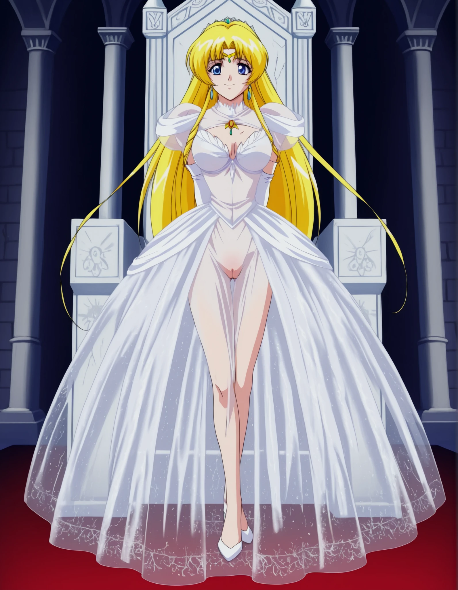 score_9, score_8_up, score_7_up,anime_screenshot,OFFICIAL ART,anime coloring, official anime artwork, screencap, anime screencap,uncensored,nsfw,retro artstyle,1990s_\(style\), ,BREAK,1girl,solo,mai_npprincess,very_long_hair,blonde_hair,blue_eyes,
,BREAK,complete nude,circlet,earrings,princess,(see-through white_dress:1.5),bottom full coverd see-through skirt,no bra,cleavage cutout,(show breasts:1.5),elbow_gloves,white_gloves,white highheel,BREAK,smile,BREAK, standing,arms behind back,BREAK,full body,fantasy world,indoor,castle,throne room