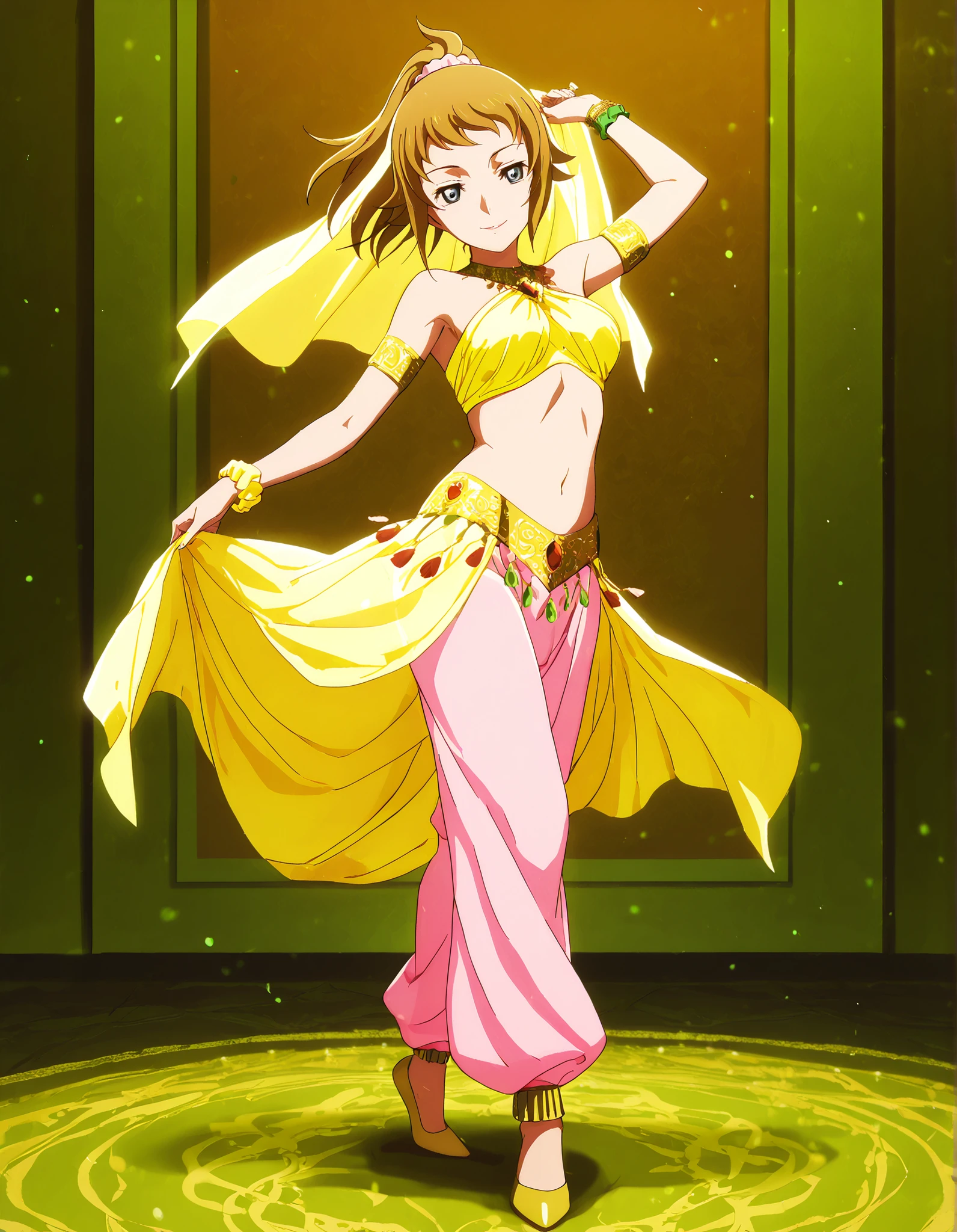 (1girl:1 . 5) , (Seul:1 . 5) , score_9 , score_8_haut , score_7_haut , source_anime , Official work , ultra-detailed , masterpiece , best quality , high resolution , beaux yeux , detailed eyes , Detailed face , beautiful detailed eyes,1girl, blue eyes, brown hair, ponytail, scrunchie,Mobile Suit Gundam,Fumina Hoshino,Arabian Clothes , Arabian Dancer Outfit ,belly dancer costume,belly dancer outfit ,full body,golden jewelery,armlet, belly dancing,arabian garden,seductive smile, dancing with veil, dynamic movement,dance posture, seductive pose