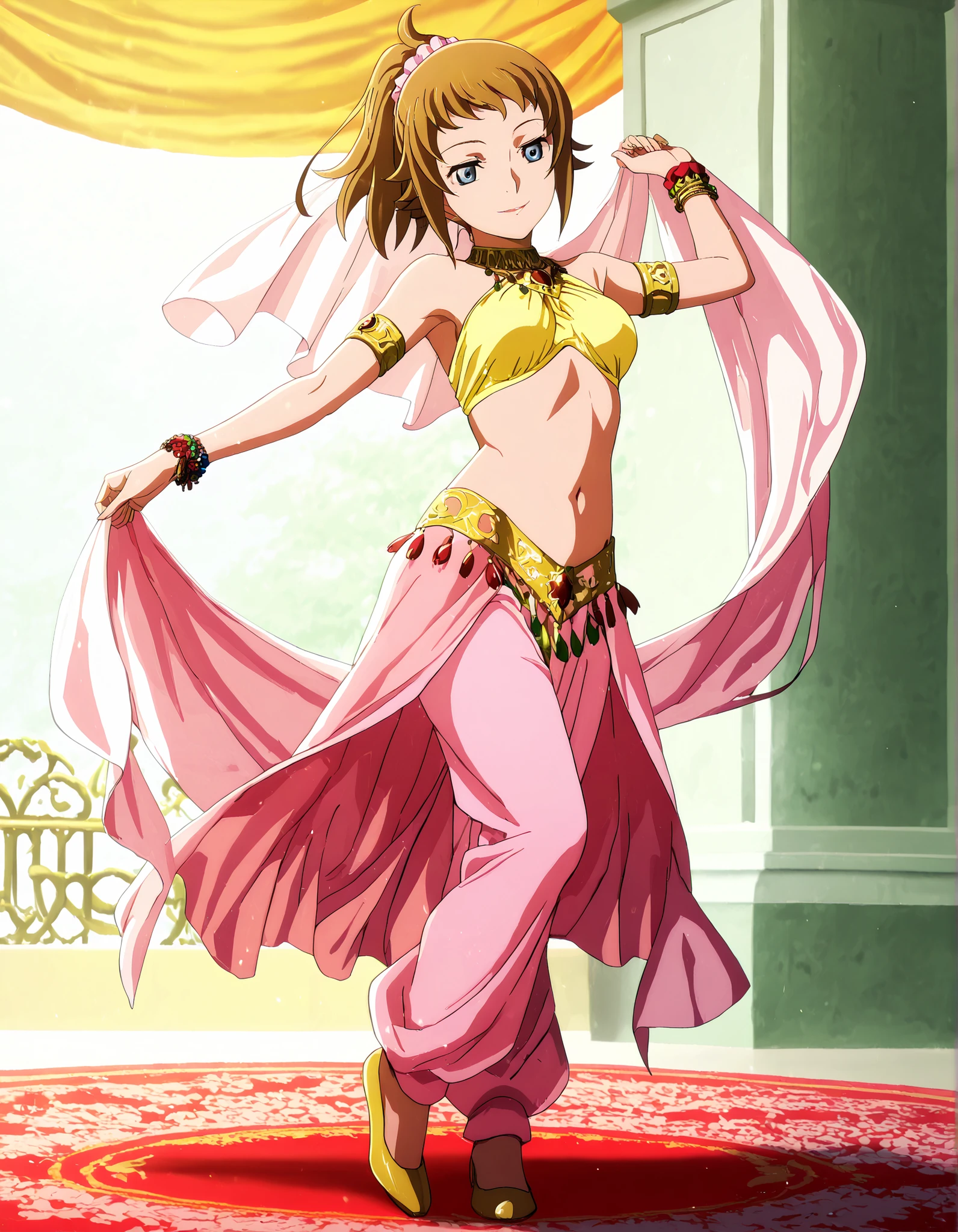 (1girl:1 . 5) , (Seul:1 . 5) , score_9 , score_8_haut , score_7_haut , source_anime , Official work , ultra-detailed , masterpiece , best quality , high resolution , beaux yeux , detailed eyes , Detailed face , beautiful detailed eyes,1girl, blue eyes, brown hair, ponytail, scrunchie,Mobile Suit Gundam,Fumina Hoshino,Arabian Clothes , Arabian Dancer Outfit ,belly dancer costume,belly dancer outfit ,full body,golden jewelery,armlet, belly dancing,arabian garden,seductive smile, dancing with veil, dynamic movement,dance posture, seductive pose