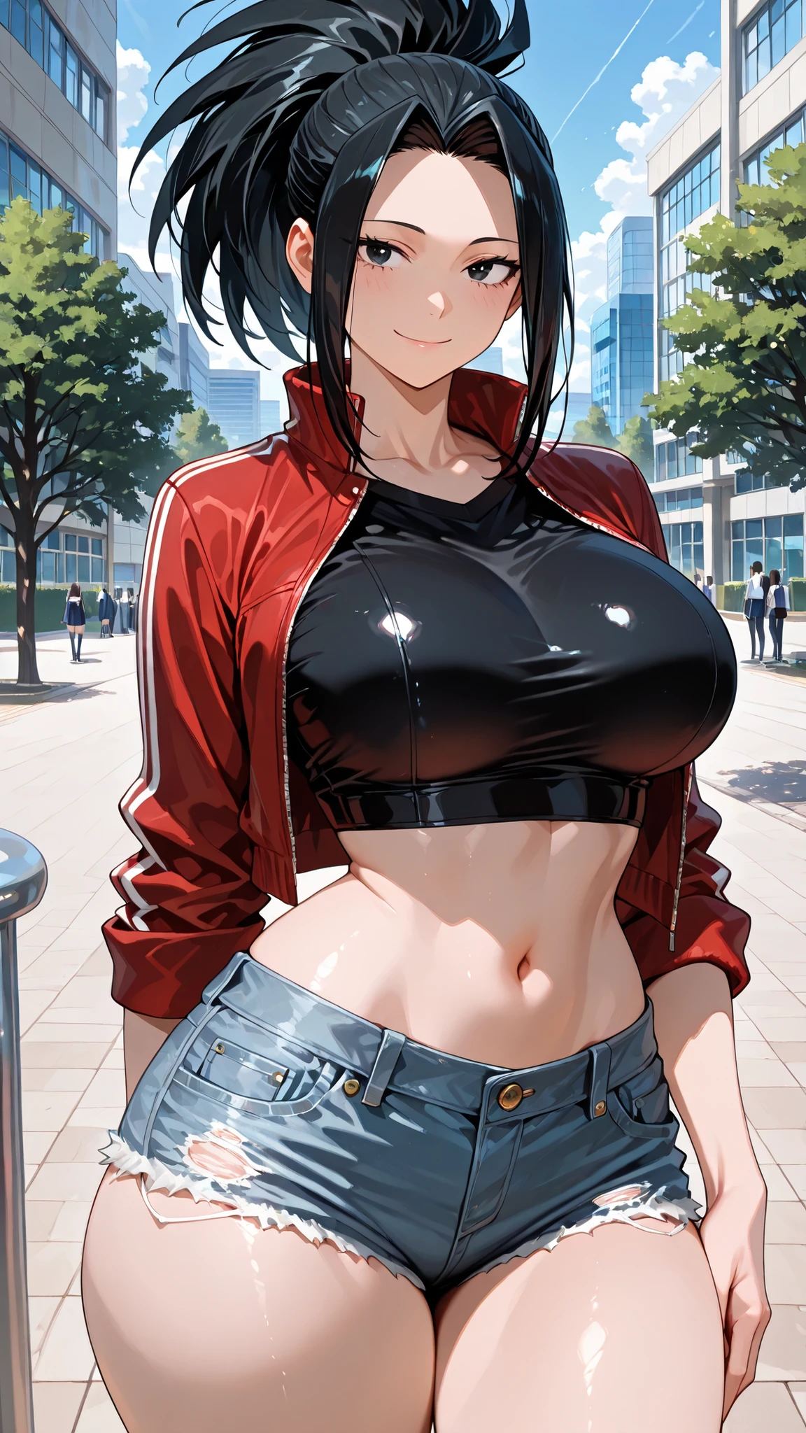 Momo Yaoyorozu
最high quality, masterpiece, Very detailed, high quality, high resolution, A girl, Black hair, Solo, Black eyes, Long hair, High ponytail, beautiful, beautiful and perfect face, smile, naughty, View your audience, Big Breasts, Navel, Huge Ass, Standing, school, wide hips, thick thighs, day, cowboy shot, fake breasts, red jacket , denim shorts, black top, sexy, from the front, slim waist,