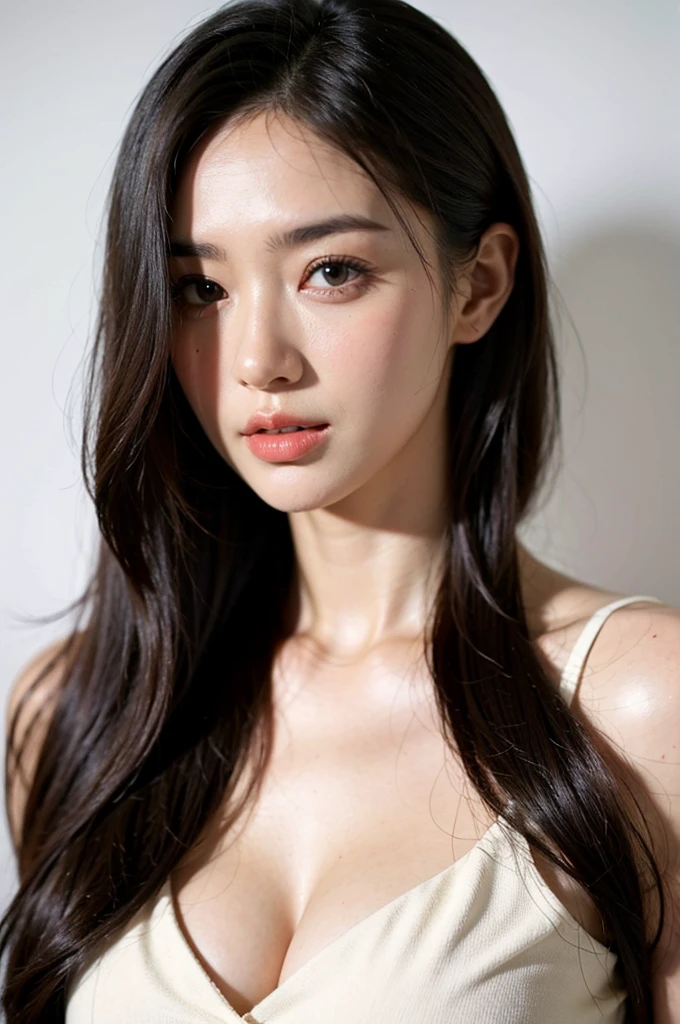 1girl, black  dress, white background, perfect face,   <lora:HanaHaruna_Jav-02:1>