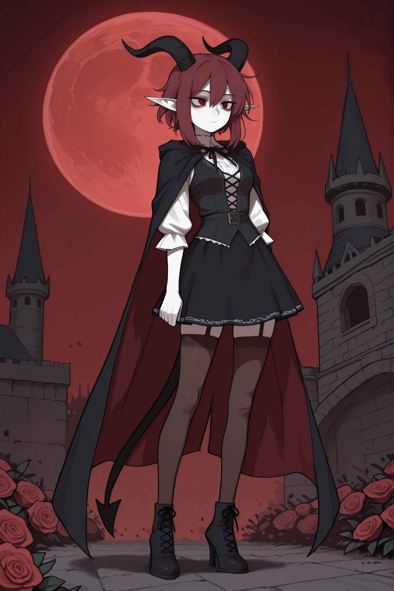 hentamonn,DSP, artist:DSP, mogeko,,masterpiece , best quality , amazing quality , very aesthetic, white skin, pale skin, tall girl, adult, rounded elf ear, red eye, drooping eyes, cold look, white pupil, feline pupil, short hair, slightly messy hair, maroon hair, straight hair, bangs, sharp canines, demon tail, black horns, expressionless face, white ruffled blouse, vest, black skirt, stockings, heels, cape, eyelet and lace-up closure detail, full body shot, background, dark castle, roses, red moon