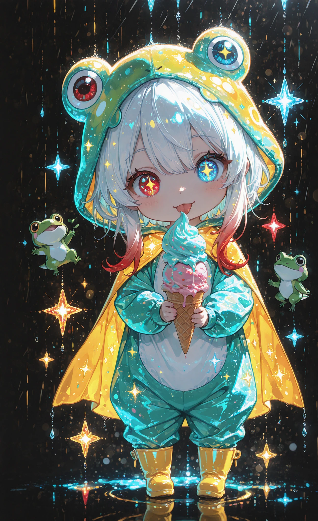 masterpiece, best quality, ultra-detailed:1.3, chibi style, 1girl, solo, pure white hair with soft gradient red tips, heterochromia crimson red right eye:1.3 and ice blue left eye:1.3, fair skin, wearing bright green frog onesie with yellow cape, yellow rain boots, glowing lights, glowing effect, sparkling particles, glitter effect, bokeh, light reflection, neon art, neon lineart, colorful neon outlines, vibrant colors, high contrast, black background, licking ice cream cone, playful expression, sparkling stars surrounding her, standing pose facing viewer, clean polished illustrative style, soft lighting, fantasy atmosphere