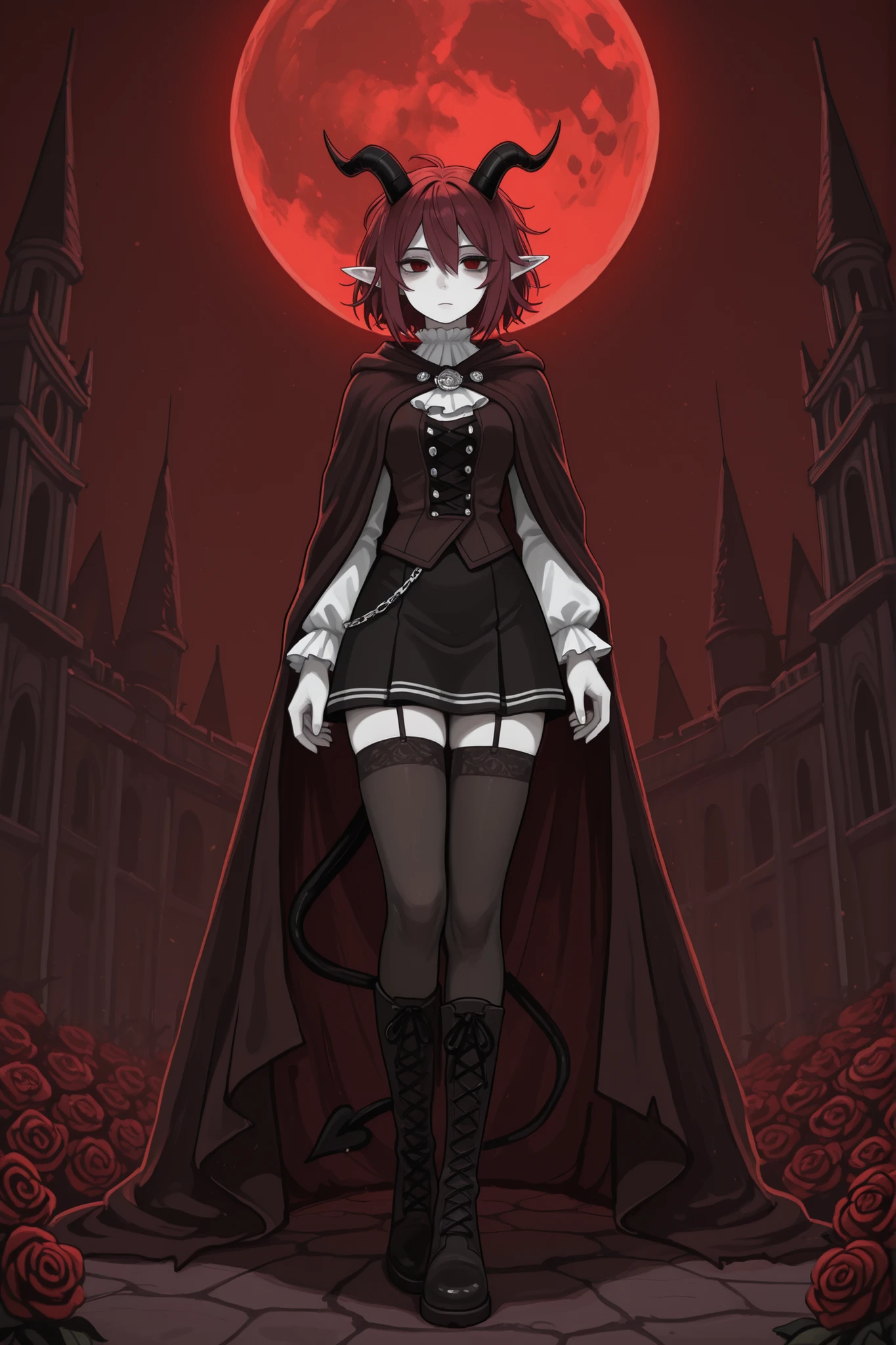 hentamonn,DSP, artist:DSP, mogeko,,masterpiece , best quality , amazing quality , very aesthetic, white skin, pale skin, tall girl, adult, rounded elf ear, red eye, drooping eyes, cold look, white pupil, feline pupil, short hair, slightly messy hair, maroon hair, straight hair, bangs, sharp canines, demon tail, black horns, expressionless face, white ruffled blouse, vest, black skirt, stockings, high boots, cape, eyelet and lace-up closure detail, full body shot, background, dark castle, roses, red moon