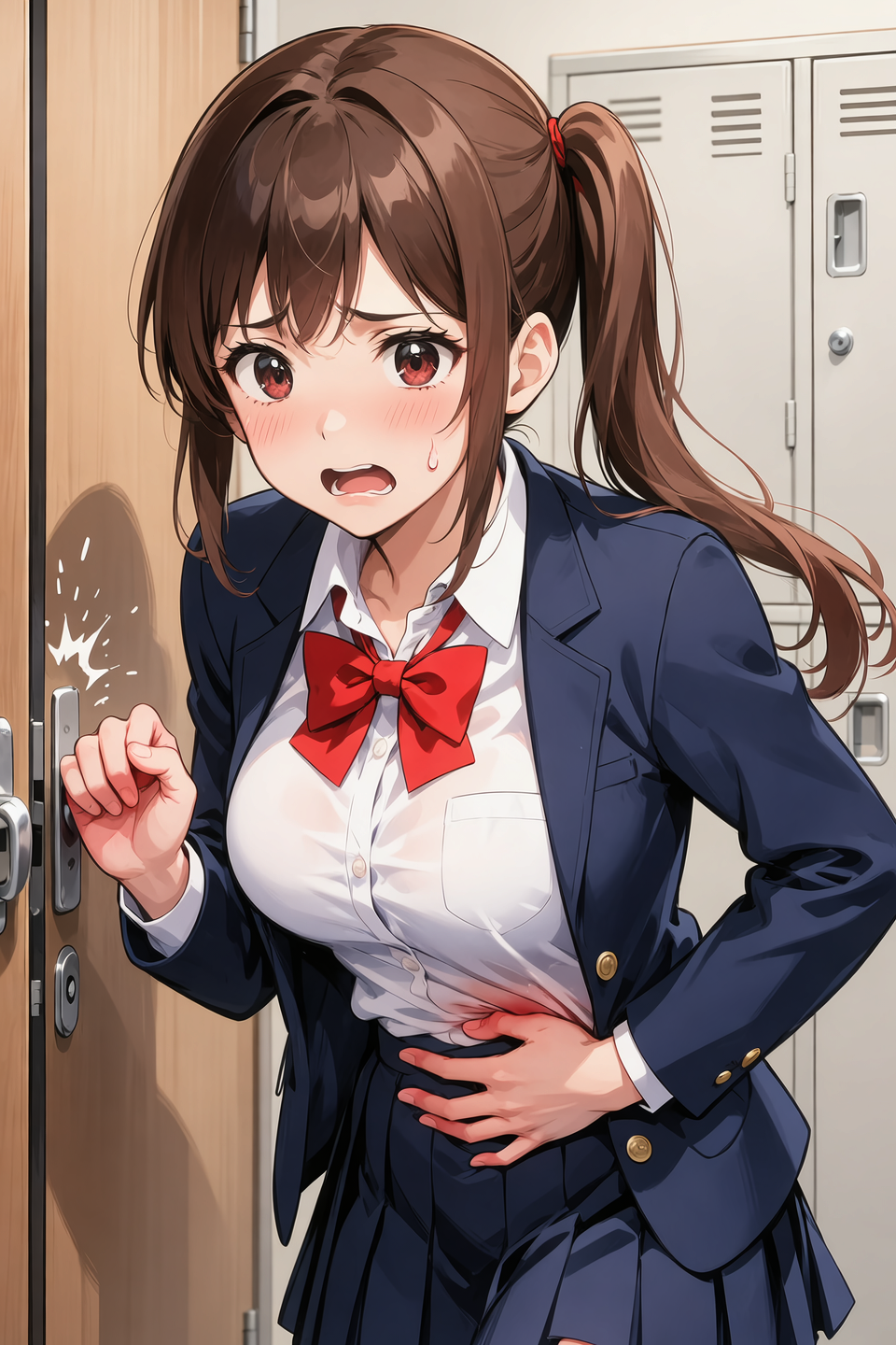 masterpiece, Highest quality, Nico_Yazawa,High resolution, 1 Girl, alone, Brown Hair, short hair, Twin tails、Purple eyes,  , , (Cleavage)、(Beautiful thighs), Carrying a red backpack, (randoseru backpack:1.2) Sweaty、Thick thighs、Highest quality、4K、1girl, 8years old, , cute, grin, 、、on the train、、、Thick thighs、Men holding their  and surrounding girls、 from the 、、、（）projectile 、、Lots of spectators、、low length、