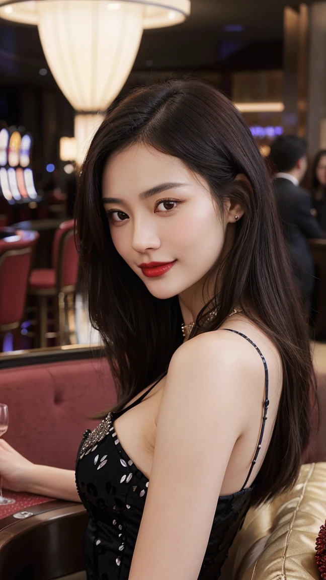 Wearing black leather gloves in both hands, upper body, black leather riders jacket, necklace on the , smiling at the desk in the modern study in the dark, long and straight black hair, young Japanese woman (black leather gloves covering both hands) with the fingers of black leather gloves, sitting on the chair, working on the computer, staring at the screen