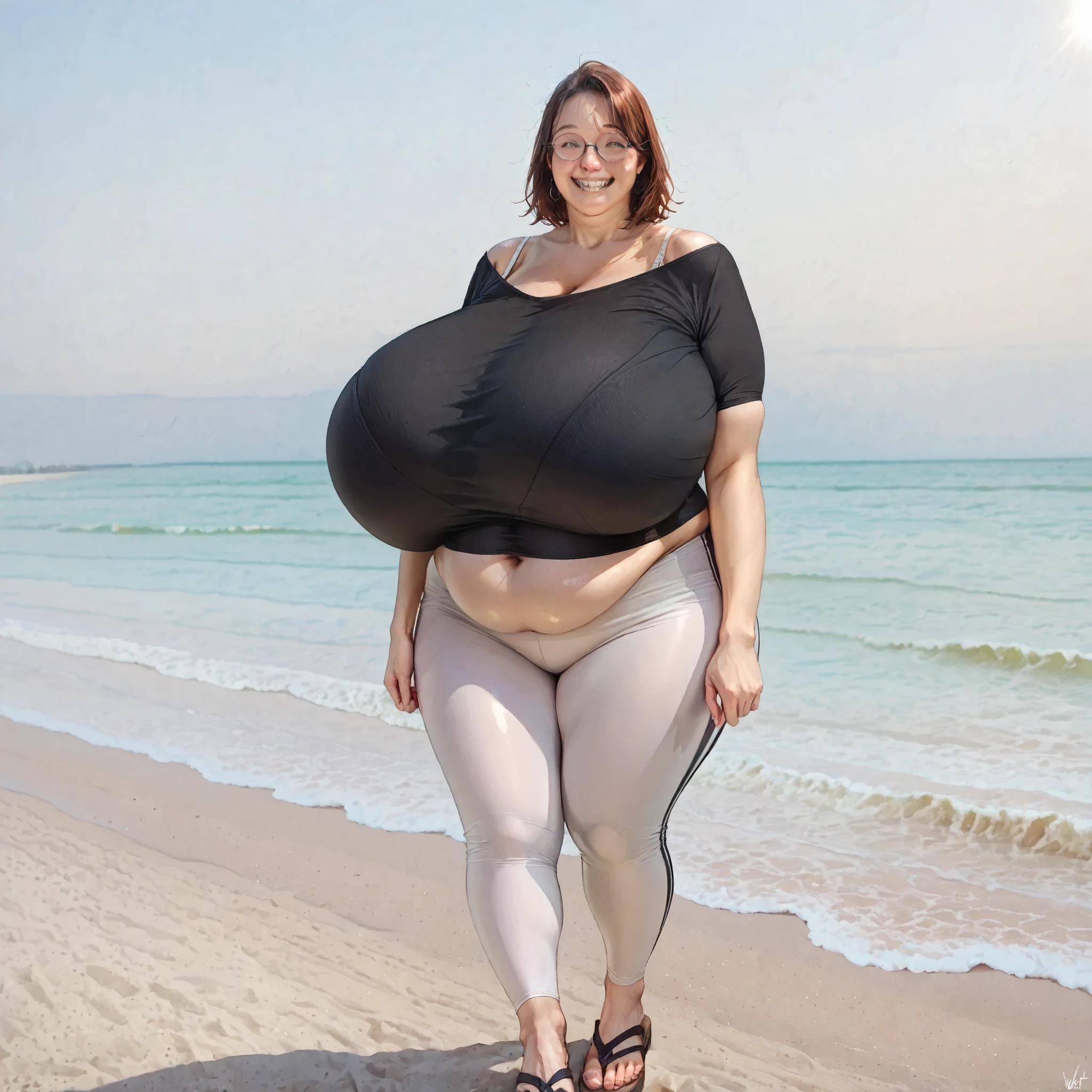 1girl, bad teeth, fat neck, double chin, wearing a shoulder collar black shirt,(crop top) breast silhouette, (detail face), bra strap, white yoga pants, sandals, (at a secluded beach early morning background:1.2) (macromastia:1.3) 1girl, solo, ,1 girl, large square glasses, (belly peek), (chubby girl), light beams), extreme details , volumetric lighting, high definition, realistic anime , (extremely detailed face:1.1), fantasy illustration, ()
) Best Quality, High resolution, 1girl in,) () Details breasts, Detail pose Detail Face, detail clothes fit, 1girl in, (gigantic heavy saggy breasts) (chubby girl, gigantic breasts), ()(gigantic covered breasts), (), (), , () sunlight shafts , perfect lighting, cinematic composition, highly detailed, photorealistic, 8k, best quality , hyperrealisim, (), hyper breasts, () (jab style) () (by norman rockwell) defined curves, skin texture, (), (smile) (low sitting breasts:1.2) (long breasts:1.2), ,