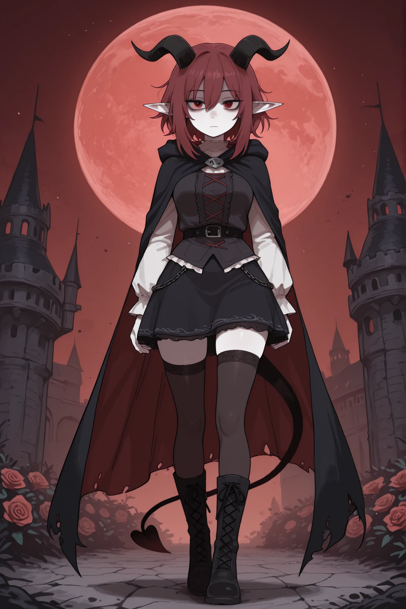 hentamonn,DSP, artist:DSP, mogeko,,masterpiece , best quality , amazing quality , very aesthetic, white skin, pale skin, tall girl, adult, rounded elf ear, red eye, drooping eyes, cold look, white pupil, feline pupil, short hair, slightly messy hair, maroon hair, straight hair, bangs, sharp canines, demon tail, black horns, expressionless face, white ruffled blouse, vest, black skirt, stockings, high boots, cape, eyelet and lace-up closure detail, full body shot, background, dark castle, roses, red moon