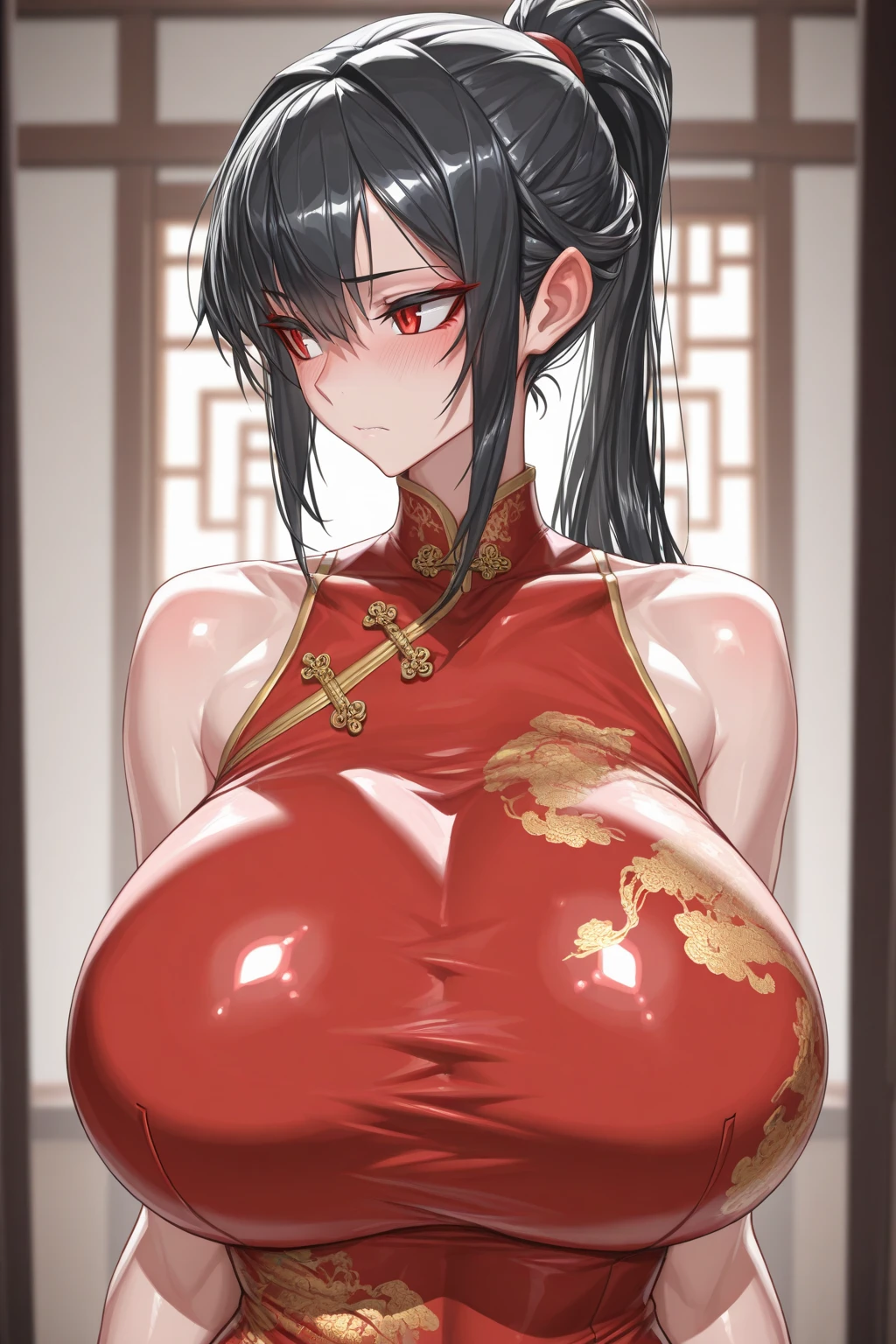 Period drama manga style　A 15-year-old super beautiful Chinese girl with black hair in a bun cut(1 person)　She is wearing a royal red long-sleeved Chinese dress with embroidered family crest.　In a dimly lit bedroom　Floral Futon　She is forced to spend the night with the perverted old emperor and cries in fear.　She exposes her  and starts  with a  inserted into her  in the side position　She loses her  and becomes pregnant　She was creampied with  from a high-speed piston