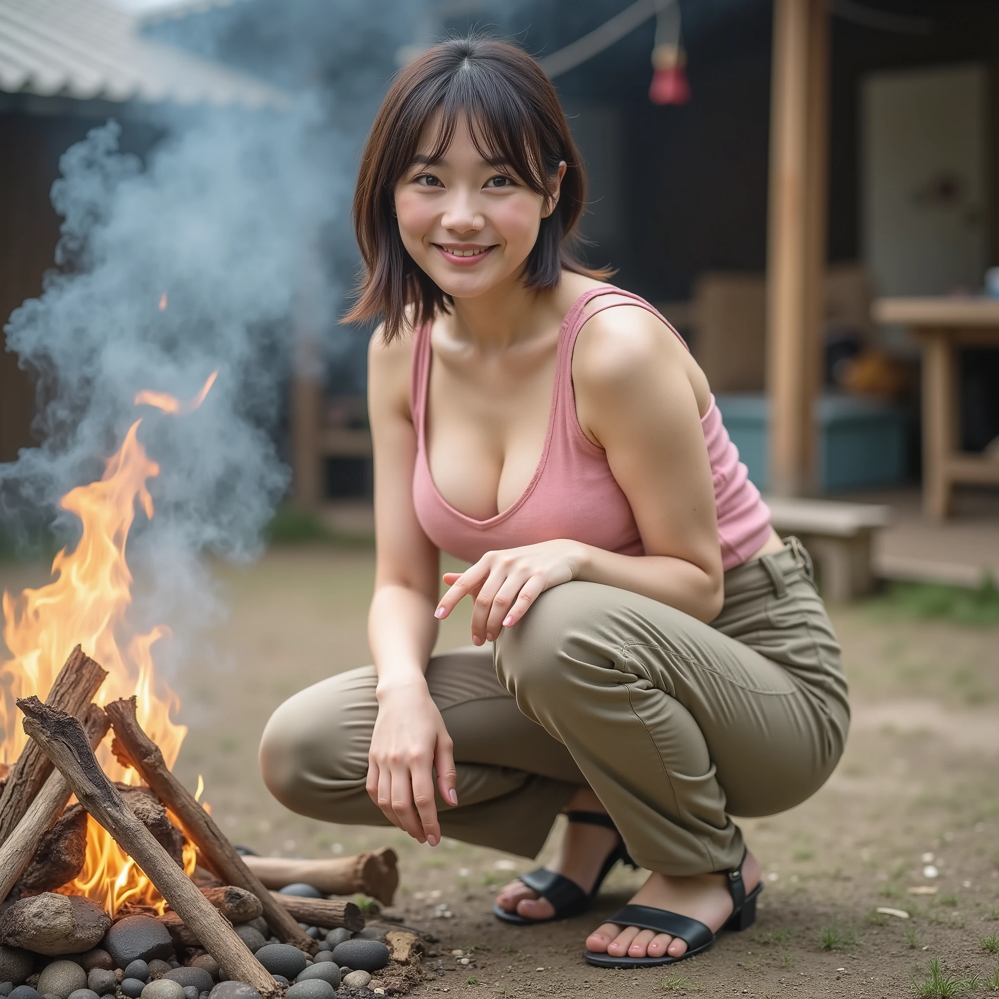 『A Japanese woman:1.3』『raw photo:1.3』Highest Quality:1.2、an ordinary woman not beautiful、Country-smelling 、(Saggy Chest、narrow waist:1.2))、((35 year old woman))、not wearing makeup『smiling:1.2』、(((Anatomically Correct、perfect anatomy、Anatomically Correct指の本数)))、Realistic, Highest Quality, ultra high definition, RAW photo, (thin waist:1.5)、Saggy Eyes、Round face outline、((photograph of a woman showing her whole body(A full body photo of a woman) - standing, long shot, full legs, elegant dress
:1.3))、((Full Body Portrait:1.3))、(((a full body photo of a woman, perfect hands, realistic fingers, 5 fingers on each hand, natural pose)))、(Campfire:1 . 3) 、 Campfireをしている、Wearing khaki pants、Crouching、pink tank top