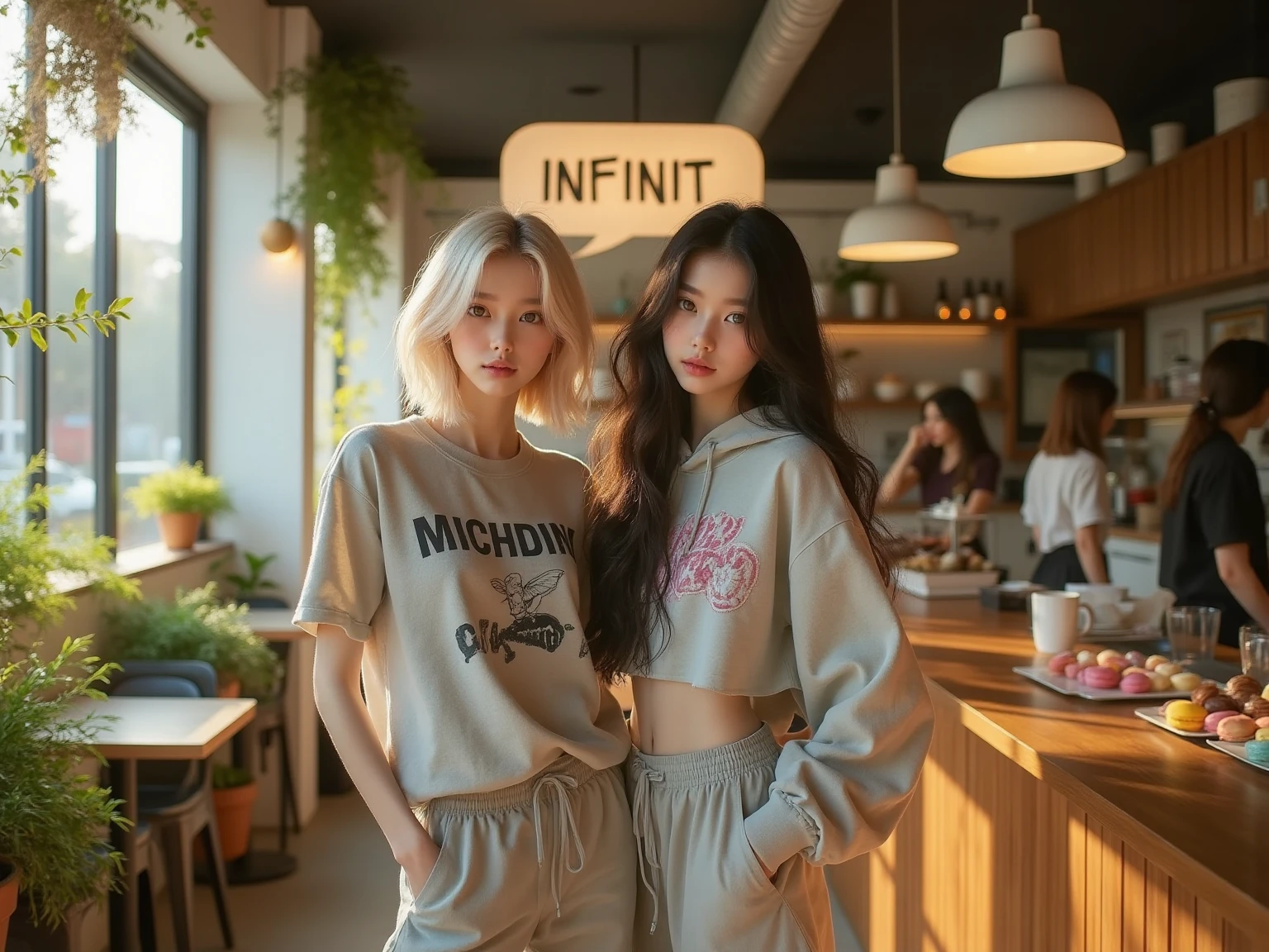 deux femmes ensemble de 18 ans sexy et mince , pink short sleeve hoodie , salle de classe, se touche,position sey,sensuel