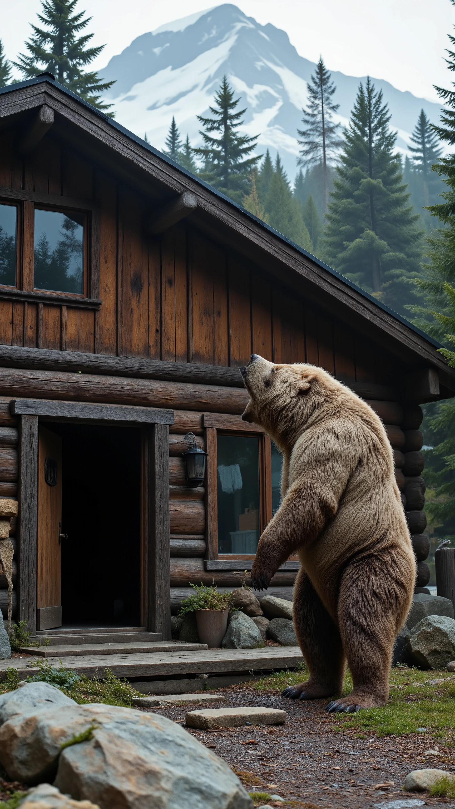 high-definition images、When I opened the entrance to the Canadian log cabin、, a grizzly bear was waiting in an upright position、