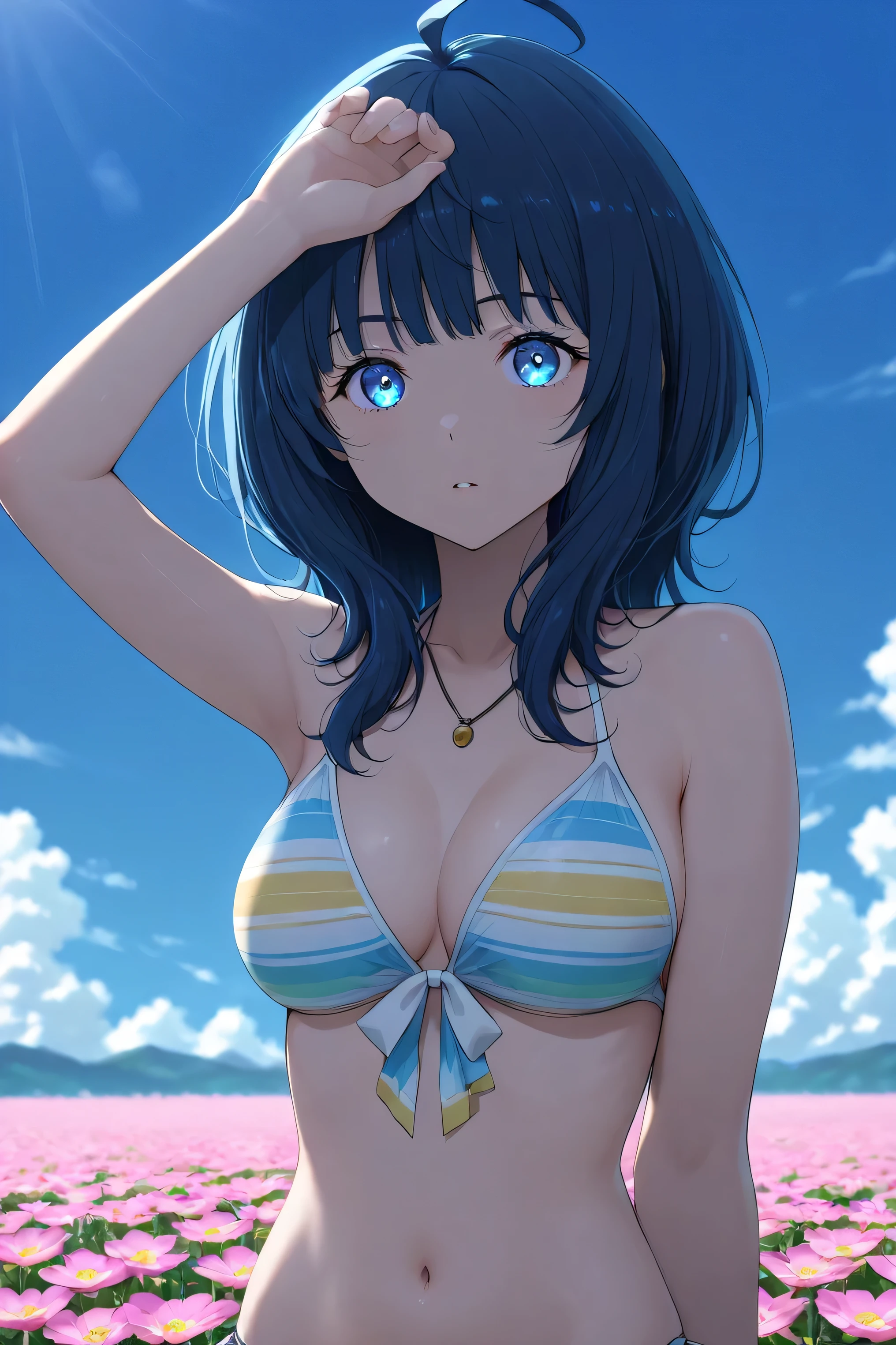 (Highest quality:1.4、8K:1.4、detailed)、F cup bust、Big Breasts、Slim body、Very white beautiful skin、((((1 person、Surprised expression、sit、Chair、 the background are the urban buildings of Tokyo、looking at the camera、Outdoor café terrace、coastal、Navy hair color、juice、Shooting up close、table))))、(Pose of putting hair behind ears with hands:1.4）、((、、Small size bikini))、((((Very cute face))))、Very blue sky、A completely cloudless sky