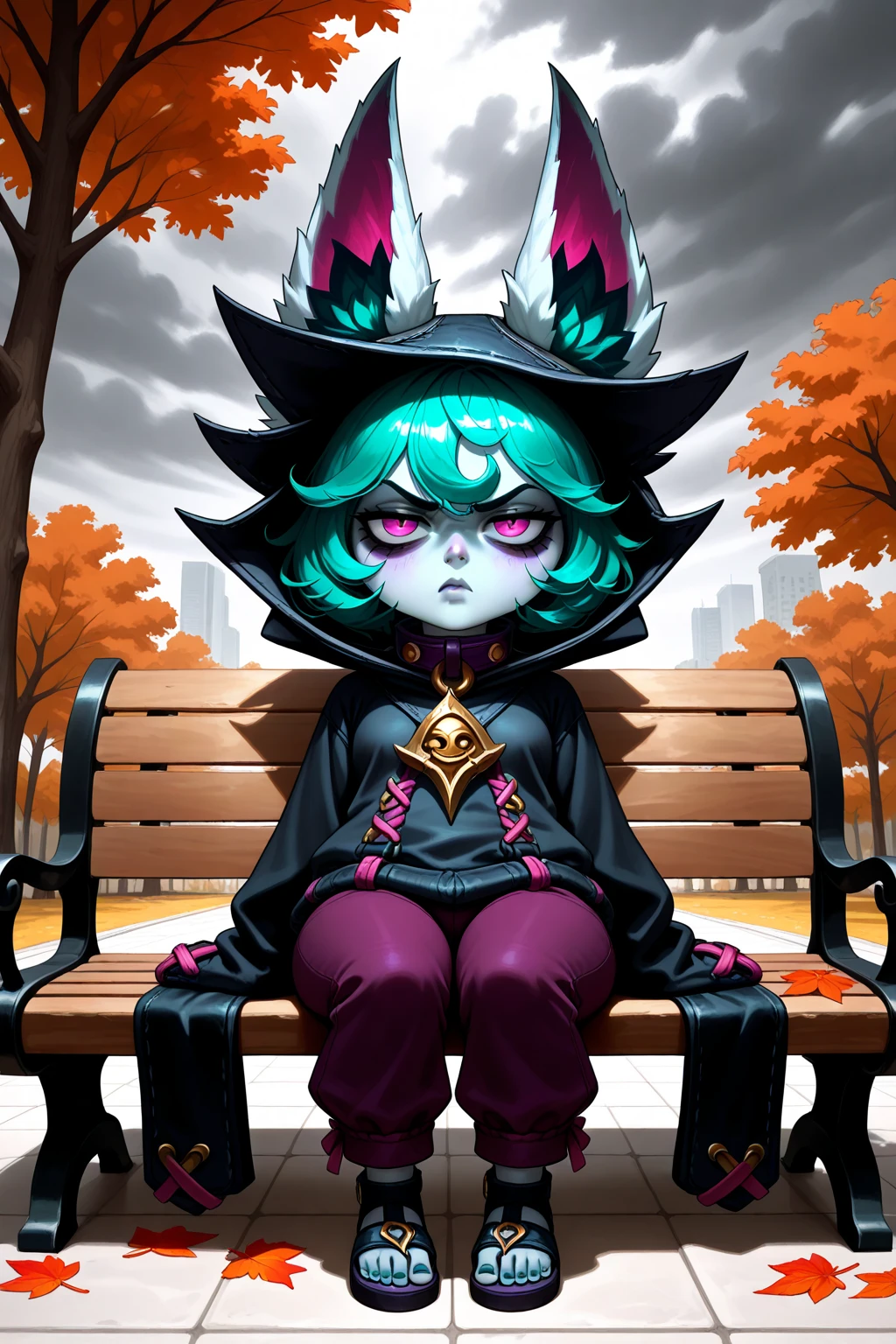 masterpiece,(best quality,top quality,8k),ultra detailed,painting,detailed eyes and face,(1girl),VexLoLXL, yordle, shortstack, pink eyes, green hair, bangs, short hair, grey skin, colored skin, black hood, hood up, ears through headwear, white animal ears, black shirt, purple collar, golden ornament, long sleeves, sleeves past wrists, purple pants, sandals,sitting, looking at viewer, forest,night