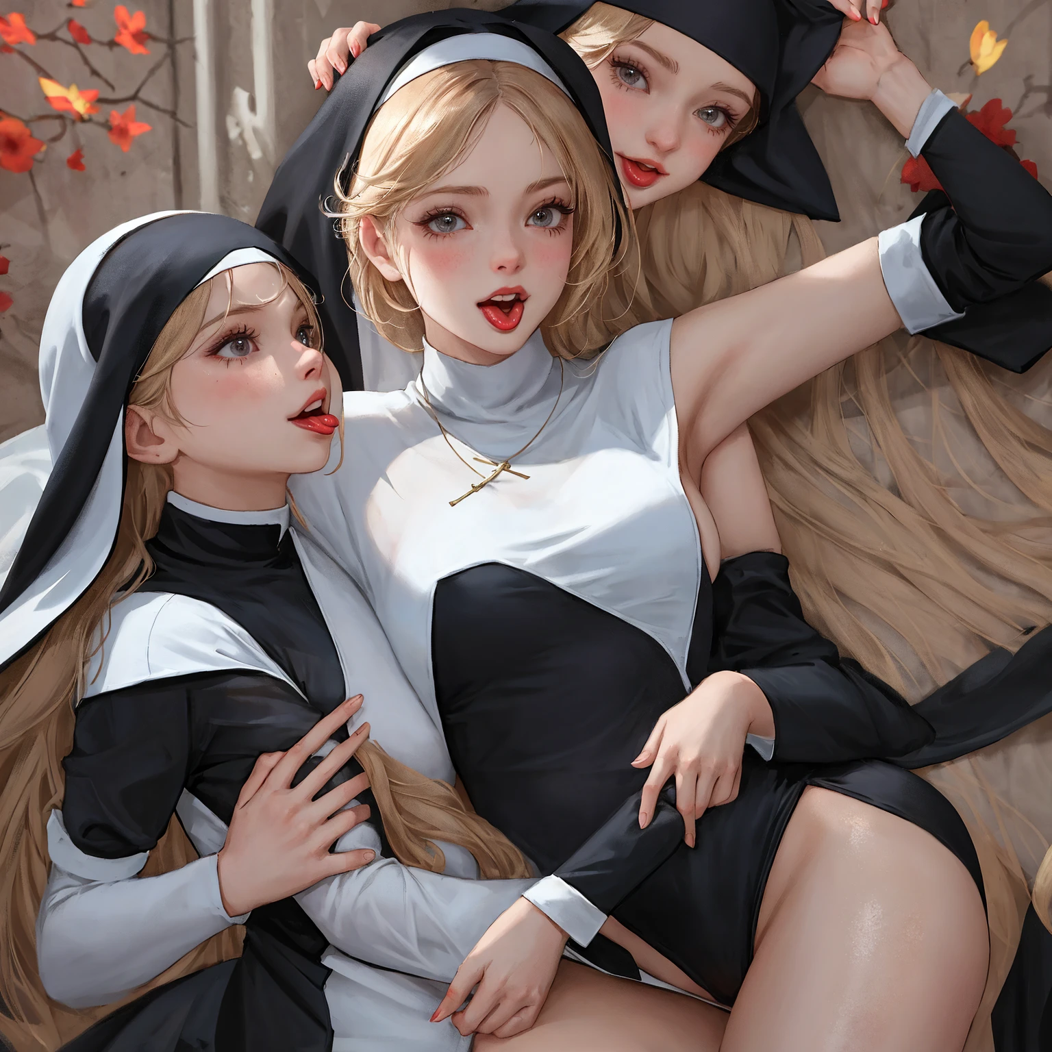 Dynamic shot, ((3 females)), A picture of 2 beautiful succubus girls and 1 ???? nun on a leash, ((2 demon girls and a nun)), nun, demons, beautiful demon girls, horror, dark, ????, rough domination, domination, nun on a leash, ????, golden chains,(golden leash), collar, beautiful bodies, slim, horror style, highly detailed faces, stockings, red silk underware, stockings, leather tight boots, camera from below, closeup, highres,sharp focus,(ultra detailed,extremely detailed),(photorealistic artwork:1.37),(extremely detailed CG unity 8k wallpaper),(((vibrant colors, vibrant theme))),(intricate),(masterpiece),(best quality),(intricate background),photo realistic,analog style,((intricate detail)),(((realism))),