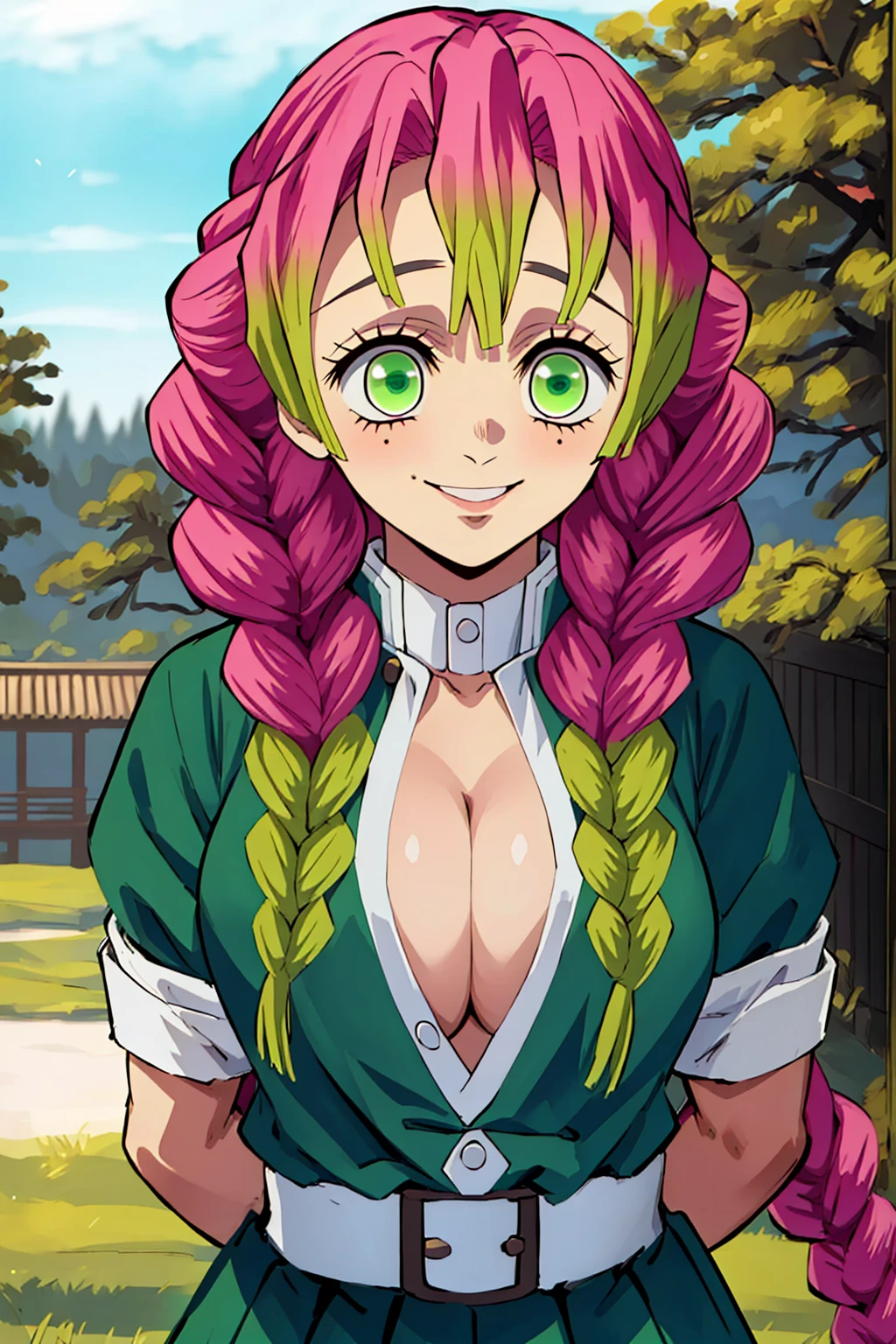 (Masterpiece - Ultra-Detailed, High Resolution) kanroji mitsuri, demon slayer, 1girl, solo, upper body, nature, sky, long hair, smiling, green eyes, pink hair, braid, outdoors, green hair, mole, blurry, twin braids, mole under eye, parody, demon slayer uniform, , cleavage, blink one eye, smilling