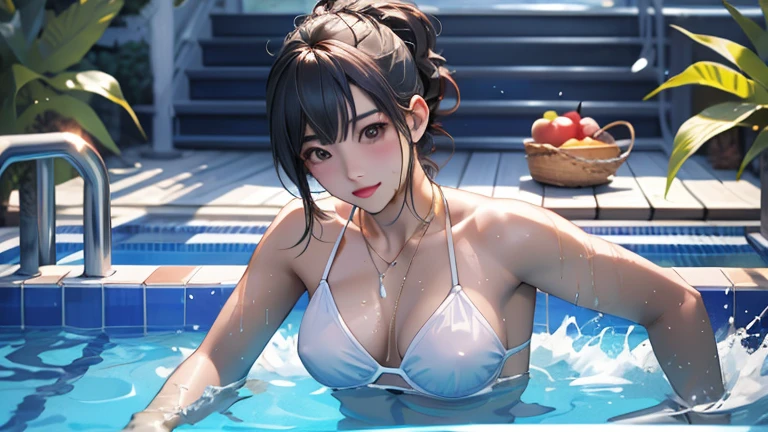 Woman standing waist deep in pool, soaked wet clothes, looking at viewer, long silk shirt, necklace, nice hairstyle, smile, layered clothing, sfw