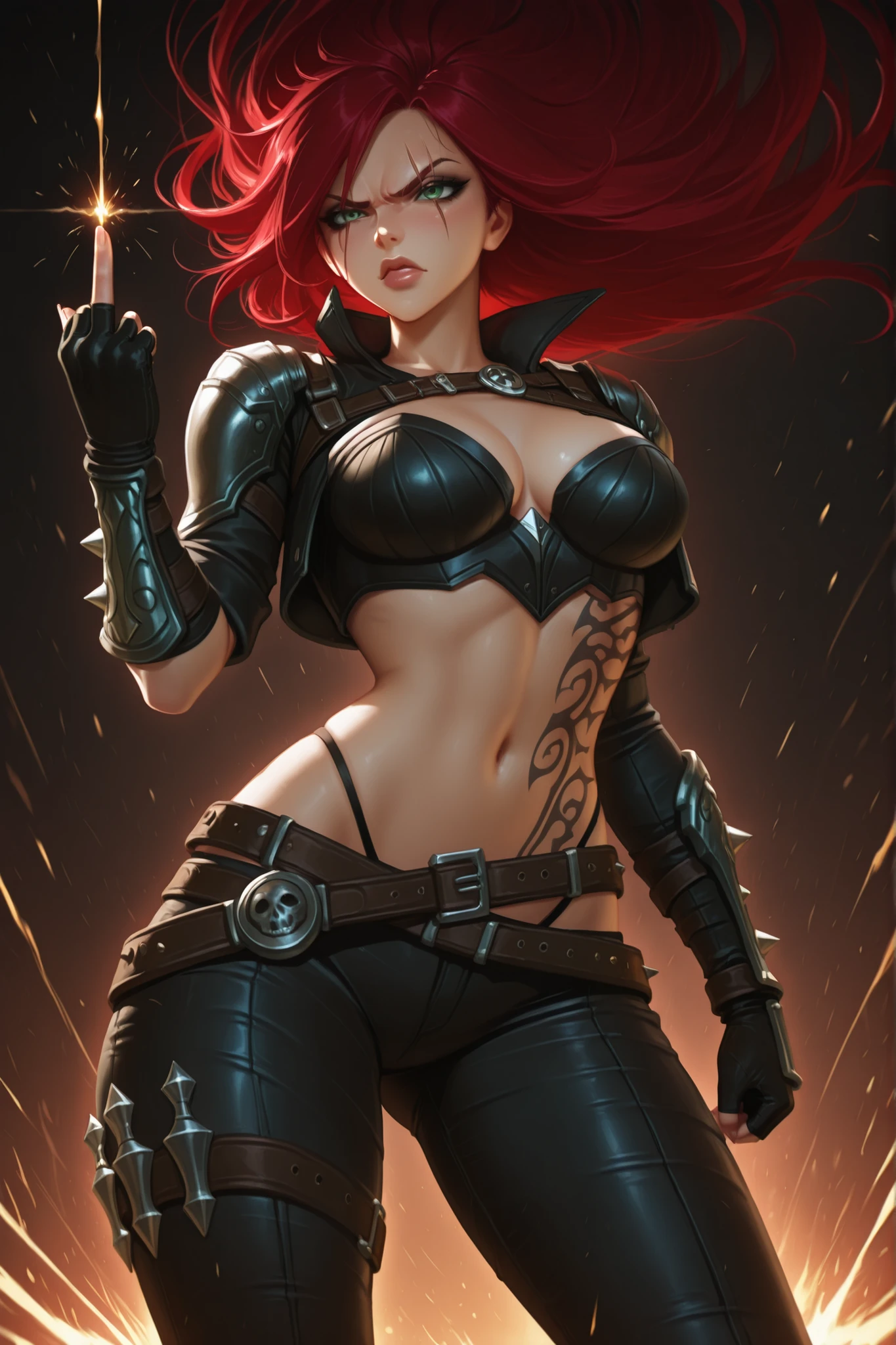 katarinaxlil, red hair, scar across eye, rib tattoo, lips, fingerless gloves, belt, cropped jacket, highleg panties, green eyes, black pants, uneven sleeves,Katarina from League of Legends, kawaii anime style, angry expression, giving the middle finger, sharp but cute eyes, red hair flowing wildly, wearing her iconic battle outfit, dynamic pose, dramatic wind, dark moody background, sparks of energy around her, intense lighting, detailed anime artstyle, HD, masterpiece, perfect anatomy, cinematic composition, rebellious and fierce atmosphere