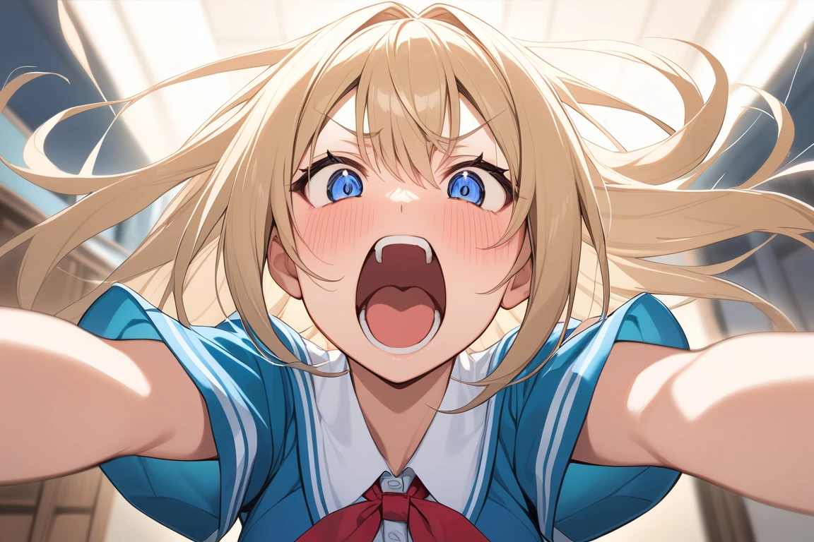 (masterpiece:1.3, highest quality, Ultra-high resolution, Very detailed), (Realistic:1.1, photoRealistic:1.4), Beautiful illustrations, Perfect lighting, colorful, Written boundary depth, Beautiful detailsまでこだわった髪, Beautifully detailed face, Beautiful details, Beautiful clavicle, Beautiful body, Beautiful , Beautiful thighs, Beautiful legs, Beautiful fingers, View audience, 1 girl, Japanese, high school girl, Perfect Face, (Perfect , Anatomically correct), Cute and symmetrical face, Baby Face, Sunburn, Shiny skin, (Middle Hair:1.5, Twin tails:1.2, blonde), Asymmetrical bangs, blue eyes, Long eyelashes, (Medium ), thin, ((Collared short-sleeved shirt, Light blue shirt, , Grey plaid pleated skirt, To the Navy)), , (Beautiful views), evening, (Outdoor, distant cityscape), Are standing, (peace sign), (Cute Smile, Blushing、Upward glance, Open your mouth), (Very open :0.4),( overflowing from the :1.2),(Tears overflowing),(Girl and zombie and zombie  inserted inside :1.5),