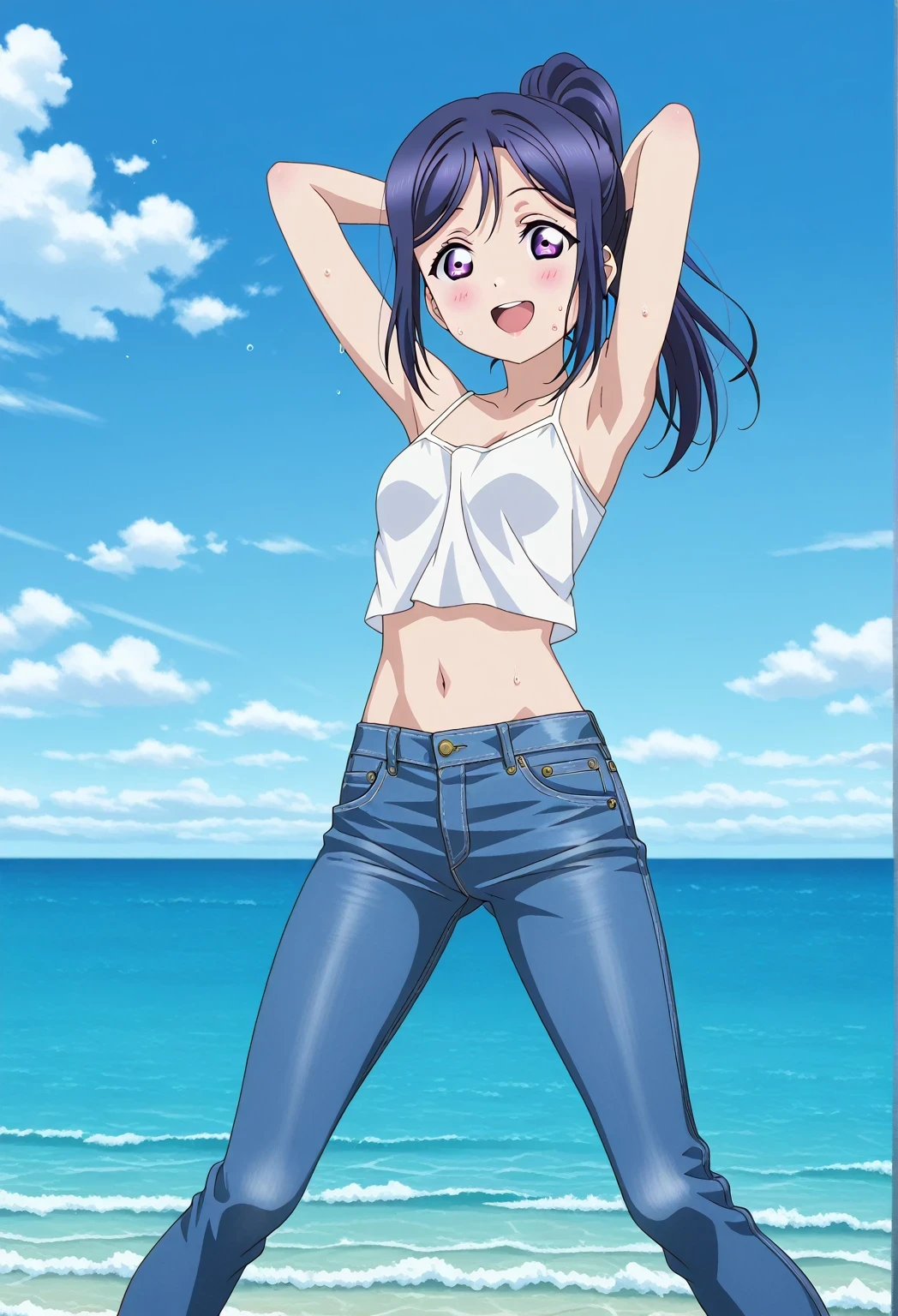 score_9, score_8_up, score_7_up, source_anime, highres, hi res, ((best quality, top quality, perfect quality, Highest Quality, amazing quality)), {{masterpiece}}, {{an extremely delicate and beautiful}}, 2d, intricate details, official style, anime, 8k, anime style, official_anime, official art, digital painting, cell shading, soft shading, high resolution, soothing tones, Subdued Color, Soft cinematic light, adobe lightroom, photolab, HDR, intricately and hyper-detailed, ((high quality animation)), 1 girl, Alone, solo, ((ocean)), tsunami, on the water, day, sunny, outdoors, sky, windy, kanan matsuura, Love Live! Sunshine!!, long hair, blue hair, purple eyes, ponytail, sidelocks, anime coloring, anime screencap, small breasts, white camisole top, crop top, white crop top, best quality, hyper-detailed jeans, ((blue jeans:1.9)), (dark blue jeans:0.6), full medium body, medium shot, Open mouth, smiling, happy face, blush, sweat, standing, ((arms behind head:6.0)), ((perfect arm line:2.5)), perfect hand line, bowlegged, jumping pose, action, looking at viewer, spread legs, Bend knees slightly, straight-on front view