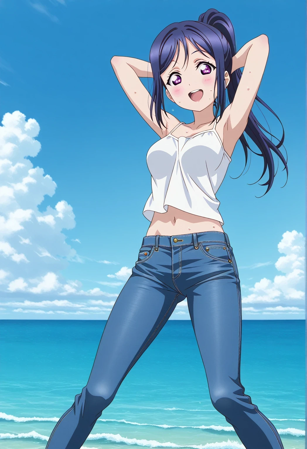 score_9, score_8_up, score_7_up, source_anime, highres, hi res, ((best quality, top quality, perfect quality, Highest Quality, amazing quality)), {{masterpiece}}, {{an extremely delicate and beautiful}}, 2d, intricate details, official style, anime, 8k, anime style, official_anime, official art, digital painting, cell shading, soft shading, high resolution, soothing tones, Subdued Color, Soft cinematic light, adobe lightroom, photolab, HDR, intricately and hyper-detailed, ((high quality animation)), 1 girl, Alone, solo, ((ocean)), tsunami, on the water, day, sunny, outdoors, sky, windy, kanan matsuura, Love Live! Sunshine!!, long hair, blue hair, purple eyes, ponytail, sidelocks, anime coloring, anime screencap, medium breasts, white camisole top, crop top, white crop top, best quality, hyper-detailed jeans, ((blue jeans:1.9)), (dark blue jeans:0.6), full medium body, medium shot, Open mouth, smiling, happy face, blush, sweat, standing, ((arms behind head:6.0)), ((perfect arm line:2.5)), perfect hand line, bowlegged, jumping pose, action, looking at viewer, spread legs, Bend knees slightly, straight-on front view