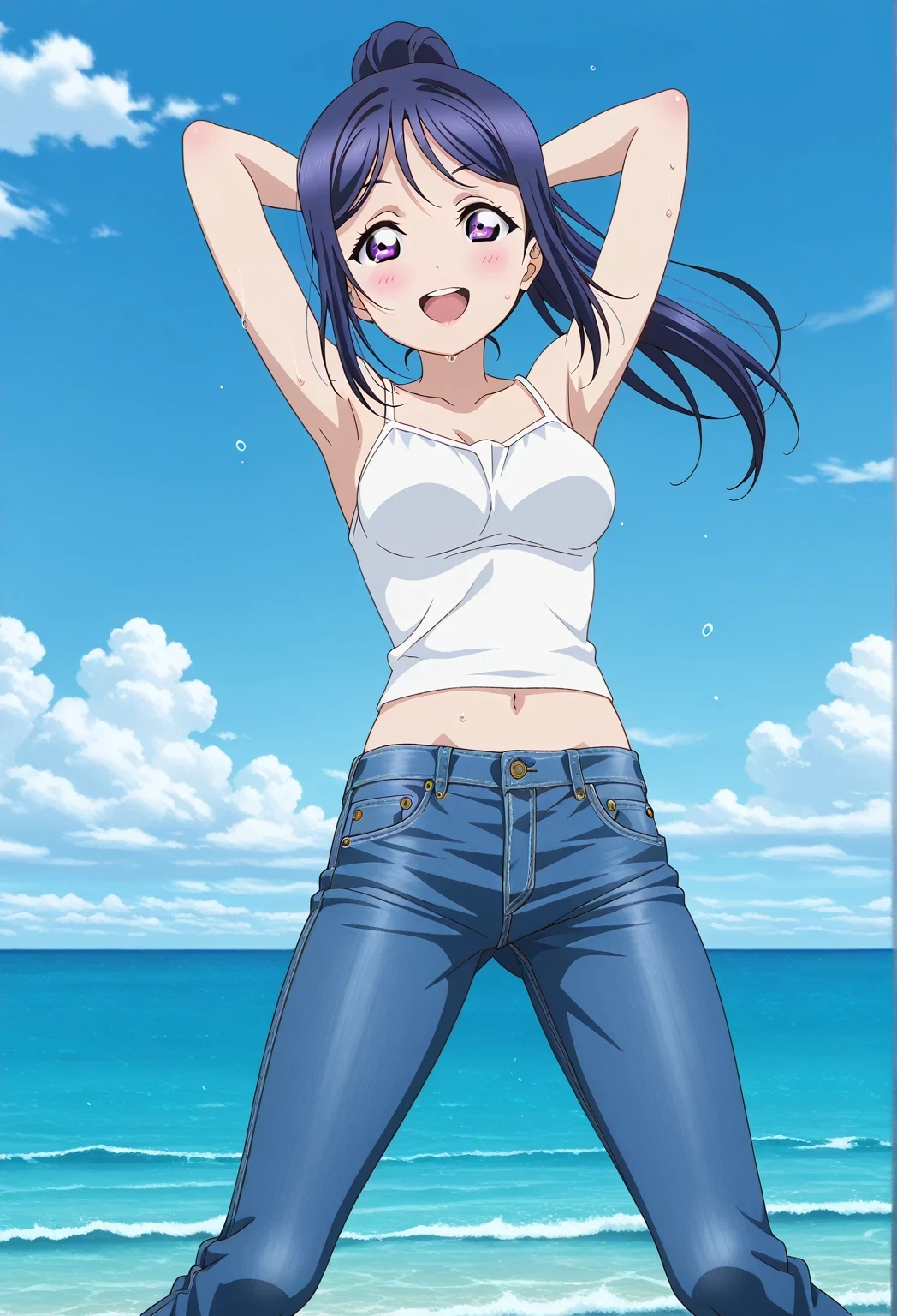 score_9, score_8_up, score_7_up, source_anime, highres, hi res, ((best quality, top quality, perfect quality, Highest Quality, amazing quality)), {{masterpiece}}, {{an extremely delicate and beautiful}}, 2d, intricate details, official style, anime, 8k, anime style, official_anime, official art, digital painting, cell shading, soft shading, high resolution, soothing tones, Subdued Color, Soft cinematic light, adobe lightroom, photolab, HDR, intricately and hyper-detailed, ((high quality animation)), 1 girl, Alone, solo, ((ocean)), tsunami, on the water, day, sunny, outdoors, sky, windy, kanan matsuura, Love Live! Sunshine!!, long hair, blue hair, purple eyes, ponytail, sidelocks, anime coloring, anime screencap, medium breasts, white camisole top, crop top, white crop top, best quality, hyper-detailed jeans, ((blue jeans:1.9)), (dark blue jeans:0.6), full medium body, medium shot, Open mouth, smiling, happy face, blush, sweat, standing, ((arms behind head:6.0)), ((perfect arm line:2.5)), perfect hand line, bowlegged, jumping pose, action, looking at viewer, spread legs, Bend knees slightly, straight-on front view