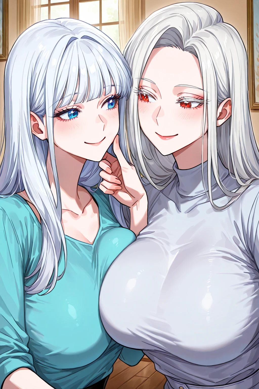 An  women, big breasts, white hair, pink pupils, beautifull face,  with old man