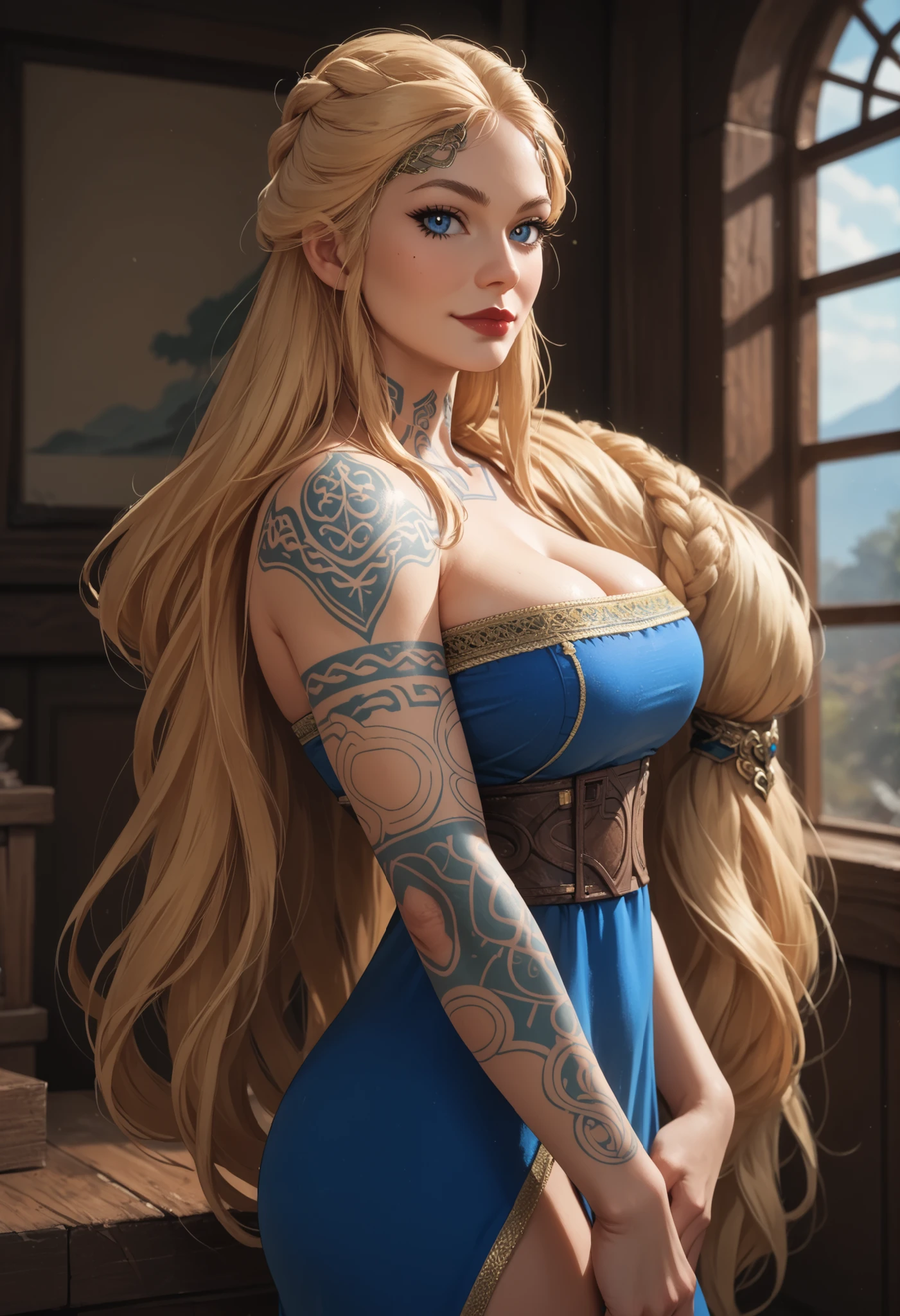 score_9, score_8_up, score_7_up,
GOWSif, 1girl, blonde hair, blue eyes, long hair, tattoo, looking at viewer, view from her knees to her face, side view, deep cleavage, big , standing, , smirking, perfect  eye pupils, dress slit on both sides showing her thighs, perfect eye pupils, showing her  side  cheeks, red lips 