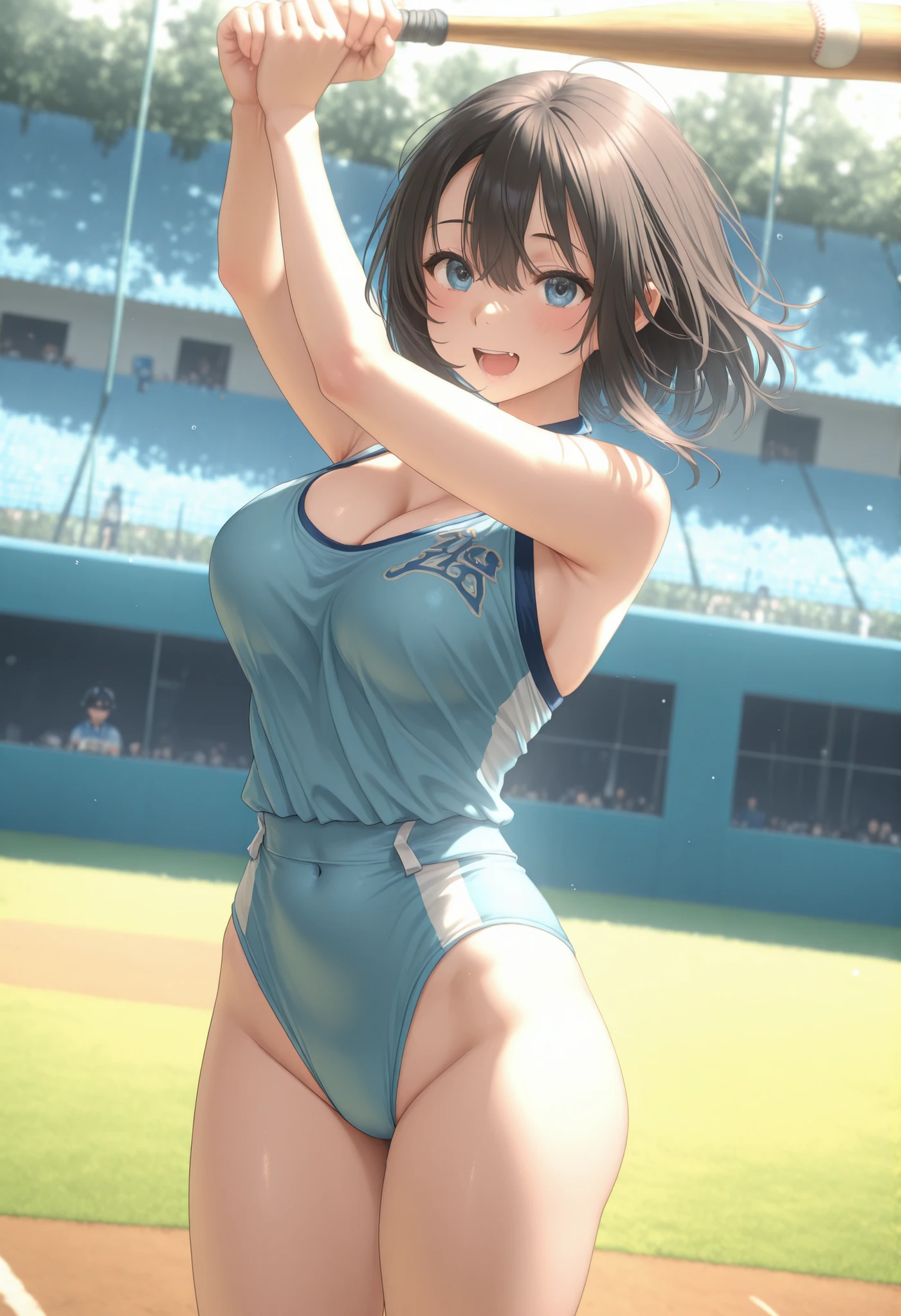 (((SFW、Highest quality、A first-class masterpiece、Normal Body 、32K、detailed face、Ultra High Accuracy、Normal hand、Highest)))、Nakamura Shiori/Nakamura Shiori、Beautiful girl、medium hair、dark haired、Blue pupil、Slim、slender、Beautiful Breasts、Short Height、Height 155 cm、Weight 38Kg、Bust 82cm 、waist 48cm、hips 74cm、baseball club、baseball field、Senbon Knock、、batter box、bat swing、 batting、 in practice、 homerun