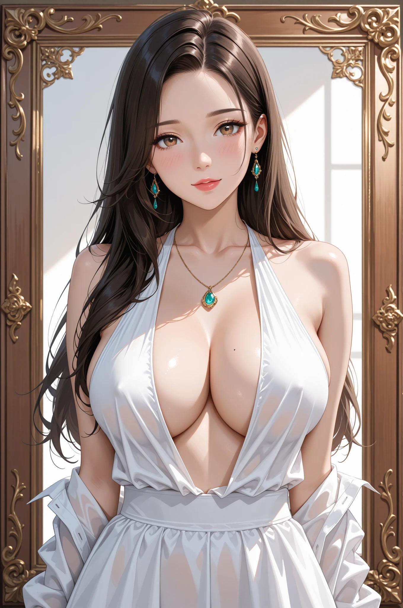 araffe woman in a white dress posing for a picture, wearing a cute white dress, curvy model, dressed in a beautiful white, wearing a wet white short dress, curvy hourglass figure,  dress, wearing white dress, thicc, beautiful full body shot, soft curvy shape, a beautiful woman in white, in a dress, bbw、araffe woman in a white dress posing for a picture, wearing a cute white dress, curvy model, dressed in a beautiful white, wearing a wet white short dress, curvy hourglass figure,  dress, wearing white dress, thicc, beautiful full body shot, soft curvy shape, a beautiful woman in white, in a dress, Mature Woman, Looking at the audience, Attractive breasts,Sensual curves、bubble、Full Body Shot,Nightgown, Charming smile, Thick lips, plump lips, blush, Looking at the audience,  expression, Beautiful Hairstyles, Cleavage, plump、Curvy Hips、Attractive face、Mischievous face、Sexy Lingerie、An inviting gaze、Expressing emotions、colored feather, Money Decoration, particle, Light, (masterpiece, highest quality, highest quality, Official Art, beautifully、aesthetic:1.2), (1 girl:1.3), Very detailed,(Fractal Art:1.1),(colorful:1.1)(Flowers:1.3),Most detailed, (Dynamic pose), (Shiny skin), (Many colors :1.4), ,(Earrings:1.4), (feather:1.4),masterpiece,Mr.々Hair style，Money Headband，Tulle covers the chest，Perfect balance, Detailed details of the garment,marble，cinematicLighting, Film Grain, contrast of Light and dark,High detail,(((Gorgeous Accessories))))、Openwork decoration，(((See-through dress)))、(((Anatomically correct body))) ,1 girl, (High resolution), (8k), (Very detailed), Perfect Face, Beautiful eyes and face, (((highest quality))), (Very detailed), Detailed face and eyes, Beautiful Eyes,(((Sexy pose))),Beautiful Eyes、Transparent double eyelids、(((Super gorgeous background)))、Bright Eyes,M