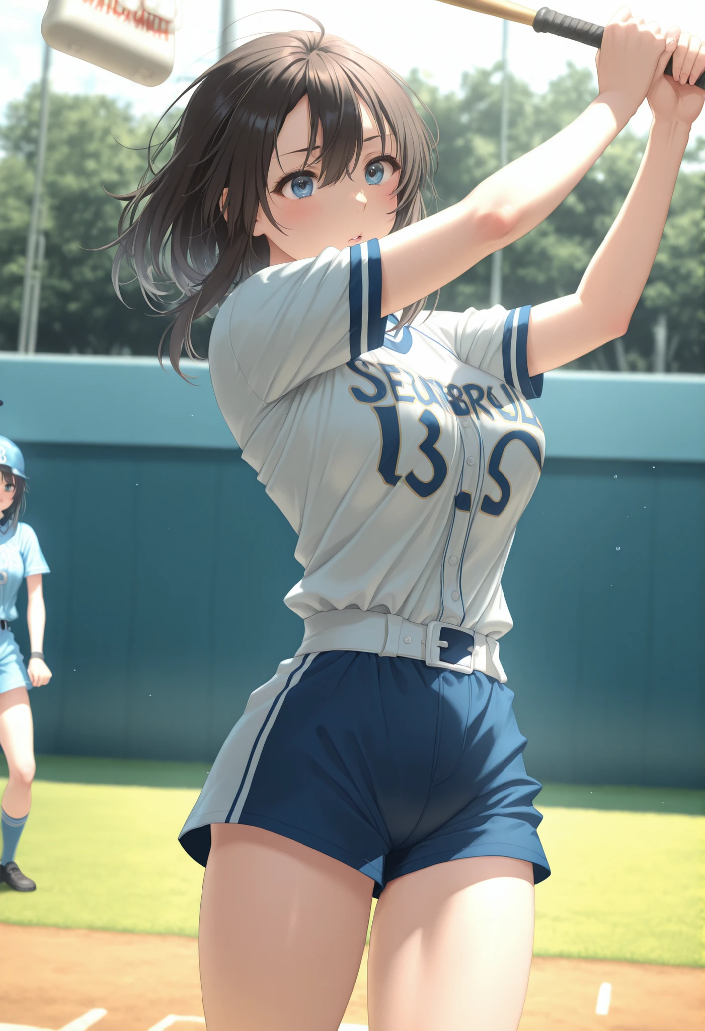 (((SFW、Highest quality、A first-class masterpiece、Normal Body 、32K、detailed face、Ultra High Accuracy、Normal hand、Highest)))、Nakamura Shiori/Nakamura Shiori、Beautiful girl、medium hair、dark haired、Blue pupil、Slim、slender、Beautiful Breasts、Short Height、Height 155 cm、Weight 38Kg、Bust 82cm 、waist 48cm、hips 74cm、baseball uniforms being prostituted、baseball club、baseball field、Senbon Knock、、batter box、bat swing、 batting、 in practice、 homerun