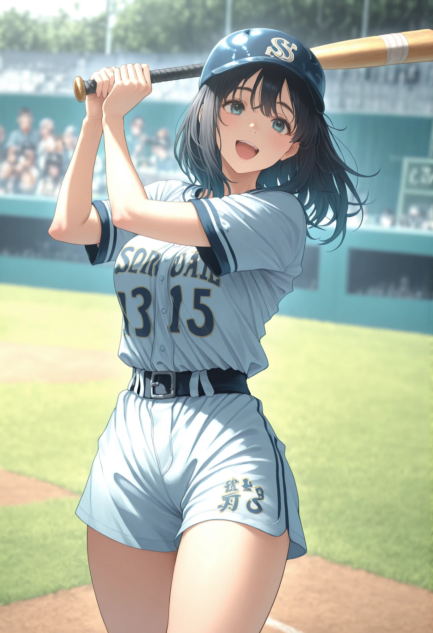 (((SFW、Highest quality、A first-class masterpiece、Normal Body 、32K、detailed face、Ultra High Accuracy、Normal hand、Highest)))、Nakamura Shiori/Nakamura Shiori、Beautiful girl、medium hair、dark haired、Blue pupil、Slim、slender、Beautiful Breasts、Short Height、Height 155 cm、Weight 38Kg、Bust 82cm 、waist 48cm、hips 74cm、baseball uniforms being prostituted、baseball club、baseball field、Senbon Knock、、batter box、bat swing、 batting、 in practice、 homerun