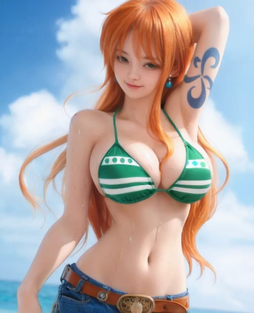 detailed background, masterpiece, best quality, 1girl, wide anime eyes,solo, nami \(one piece\), 1girl, bangle, bangs, ???? shoulders, belt, ??????, ?????? top only, blue sky, bracelet, ???????, brown eyes, bubble, cleavage, cloud, cowboy shot, day, denim, earrings, floating hair, green belt, green ??????, groin, jeans, jewelry, ?????????????, log pose, long hair, looking at viewer, navel, orange hair, pants, shoulder tattoo, sidelocks, sky, smile, solo, standing, stomach, swimsuit, tattoo , looking at viewer,whale tail ,?????