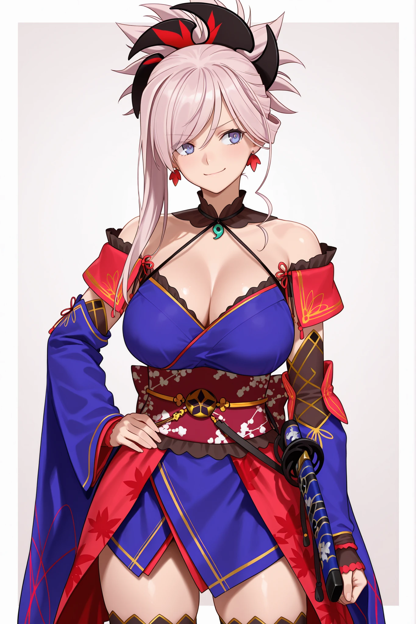 Miyamoto Musashi, Fate grand order, Miyamoto Musashi \(Fate \) earrings, blue kimono, short kimono, Japanese clothing, loose sleeves, bare shoulders, brown elbow gloves, thighhighs, unsheathed, , patterned red obi, yellow obi, onlycakez(IL ), big breasts, medium breasts, solo,
standing, right hand on hip, smirks, head tilted to the right,
