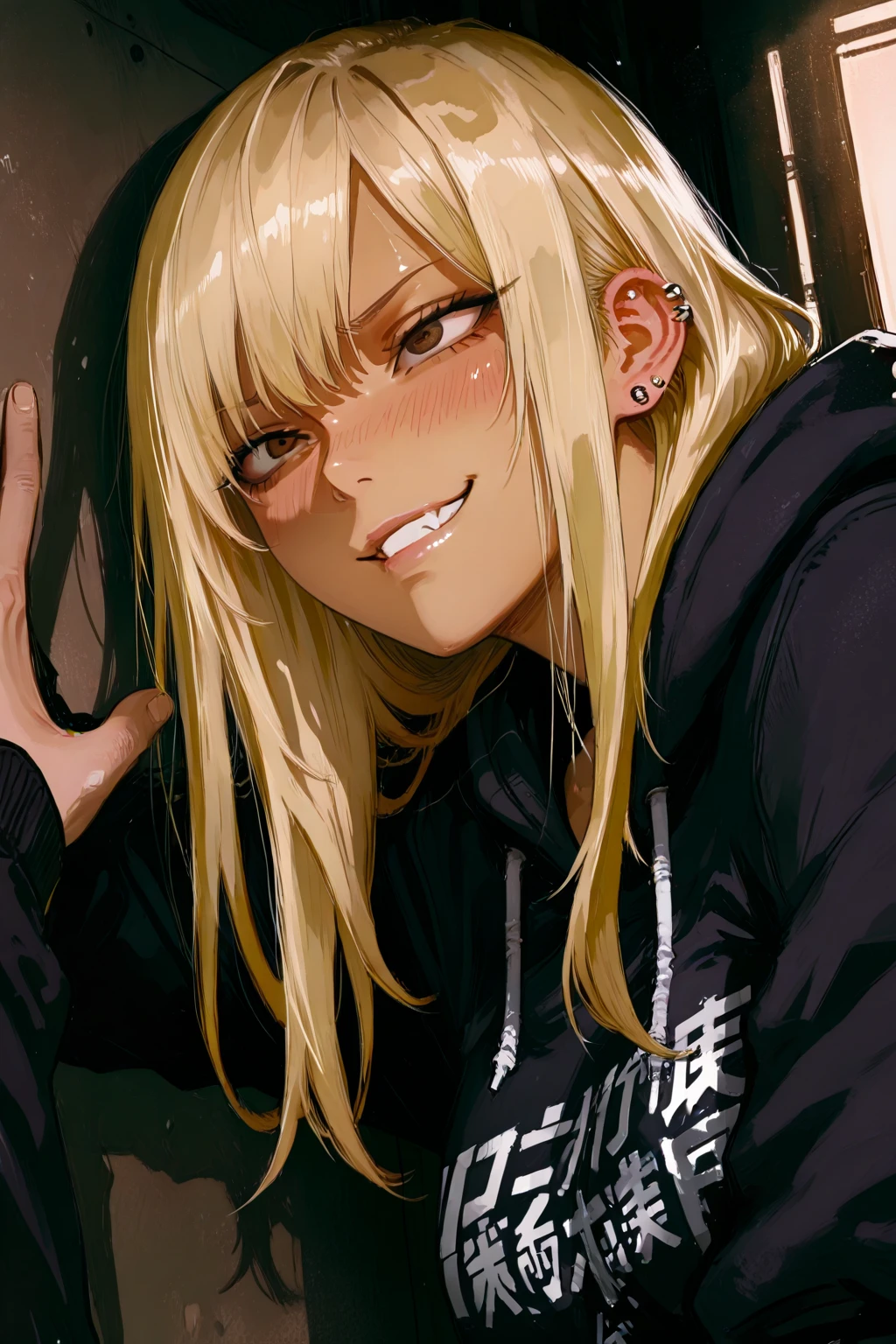 horikoshi kouhei, 1boy, absurdres, sweater,   with abs, blonde hair, pink highlights in blonde hair, freckles on face, freckles on entire body, pink eyes, blurry, blurry background, boku no hero academia, chama kou, highres, looking away, male focus, muscular  male, muscular male, open mouth, red eyes, long hair, cruly hair, sweat, sweater crop top, jeans, wolf tail, wolf ears, wolf claws, wolf fangs, twitter username, peace sign pose, 

