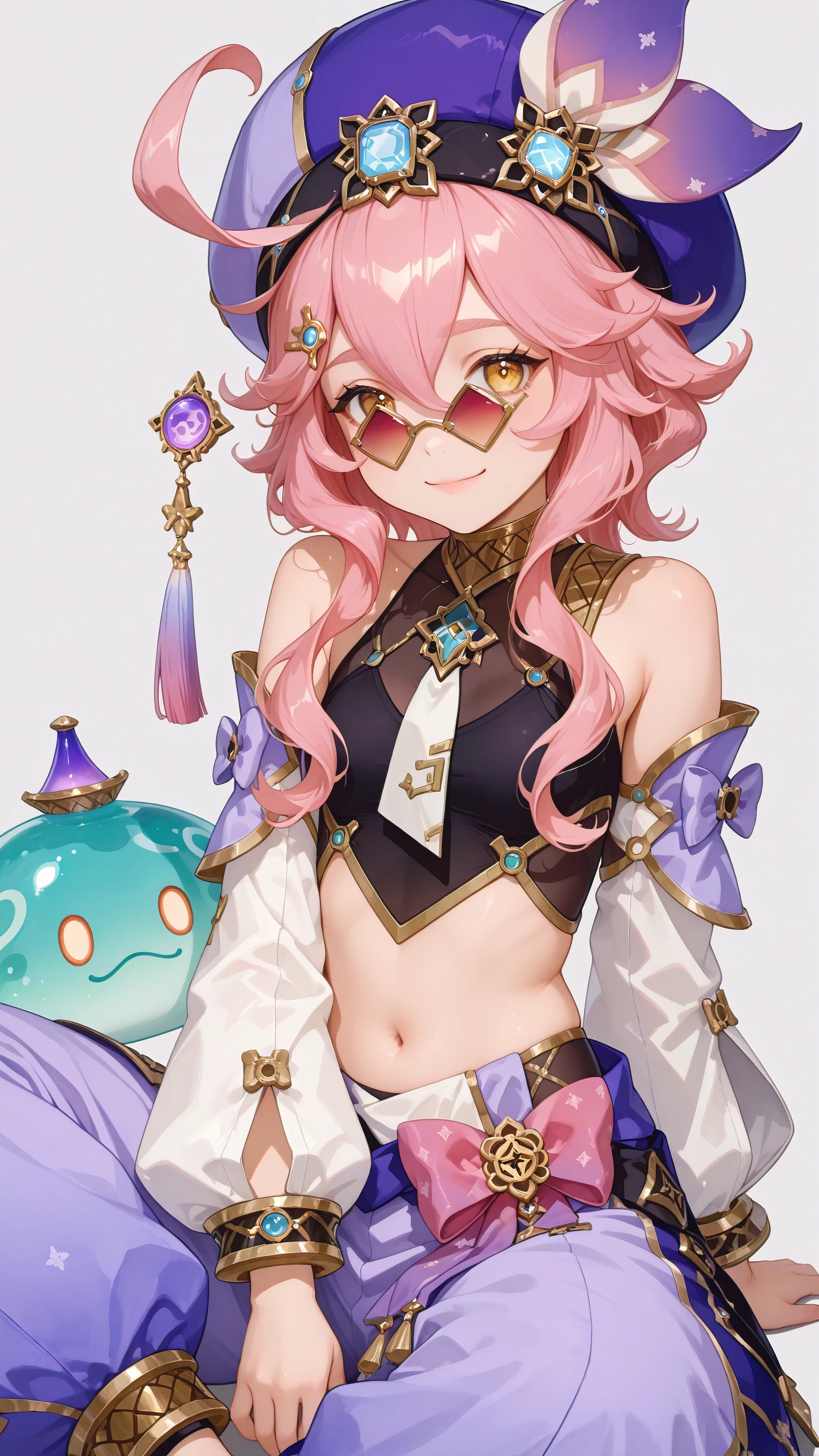masterpiece, best quality, <lora:dori:1>,1girl,dori \(genshin impact\), slime \(genshin impact\), hat,pink hair,long hair,ahoge,hair ornament,yellow eyes,sunglasses,vision \(genshin impact\),detached sleeves,long sleeves,sleeveless shirt, bare shoulders,crop top, navel, harem pants,purple pants, bow,grey background, smile,sitting,