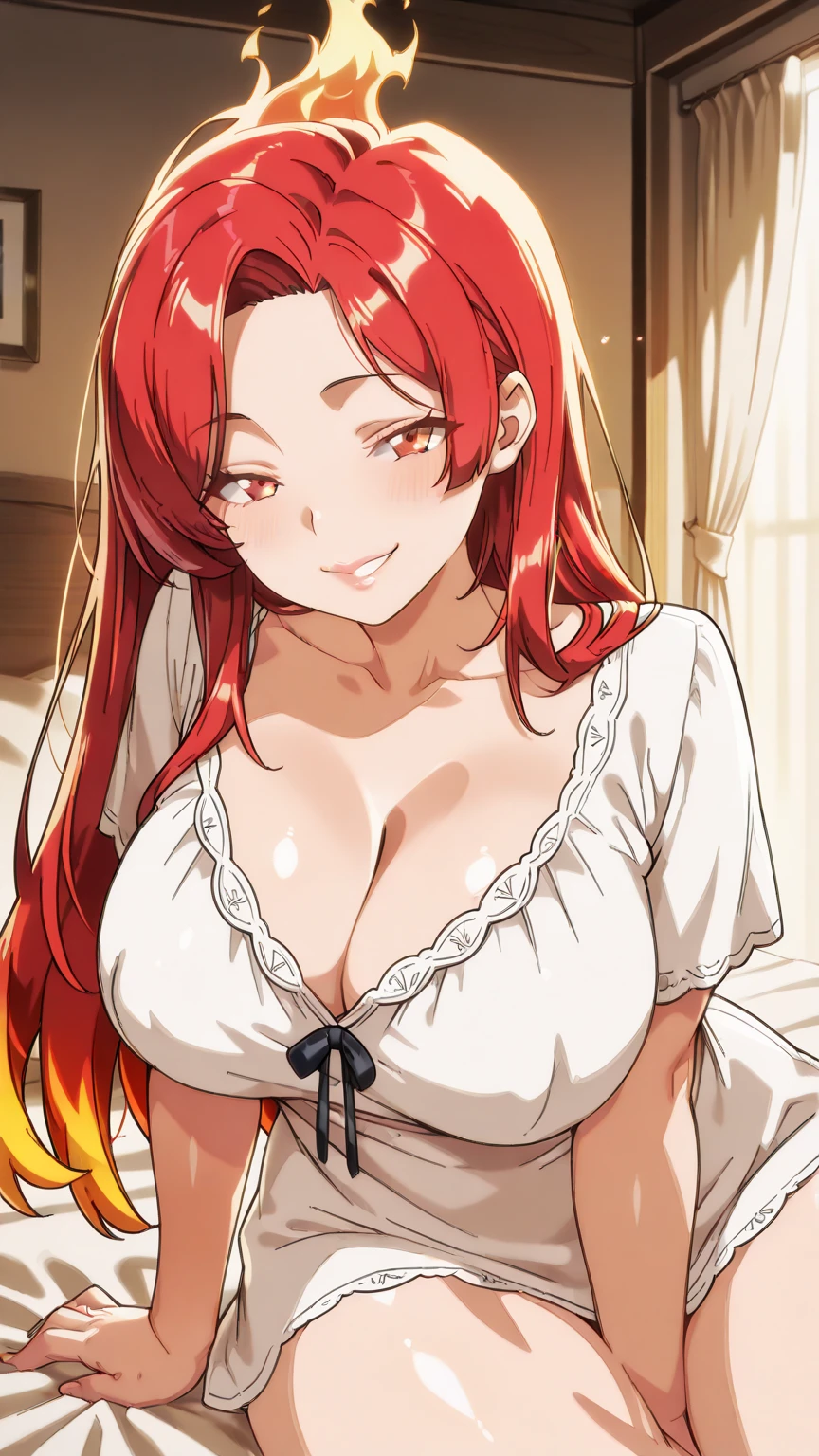 score_9, score_8_up, score_7_up, ASCII masterpiece, source_anime, BREAK, 1girl, solo, (( <lora:dorothea:1> , dorothea, short woman, very thin waist, thin hips, beautiful tanned skin, beautiful red hair, clear eyes, piercing orange eyes, bright pupils, beautiful eyes, small breast, beauty, extraordinary beautiful girl, attractive girl, super sexy girl, lustful body, sexy girl with seductive obscene body, sensual body, voluptuous body, hair between eyes, )) ,  (( obscene cleavage, oversized transparent white t-shirt, bottomless, )), sexy pose, cowboy shot, seducative smile, sexy, hands behind head, erected nipples, inside hotel room, morning lights, long hair