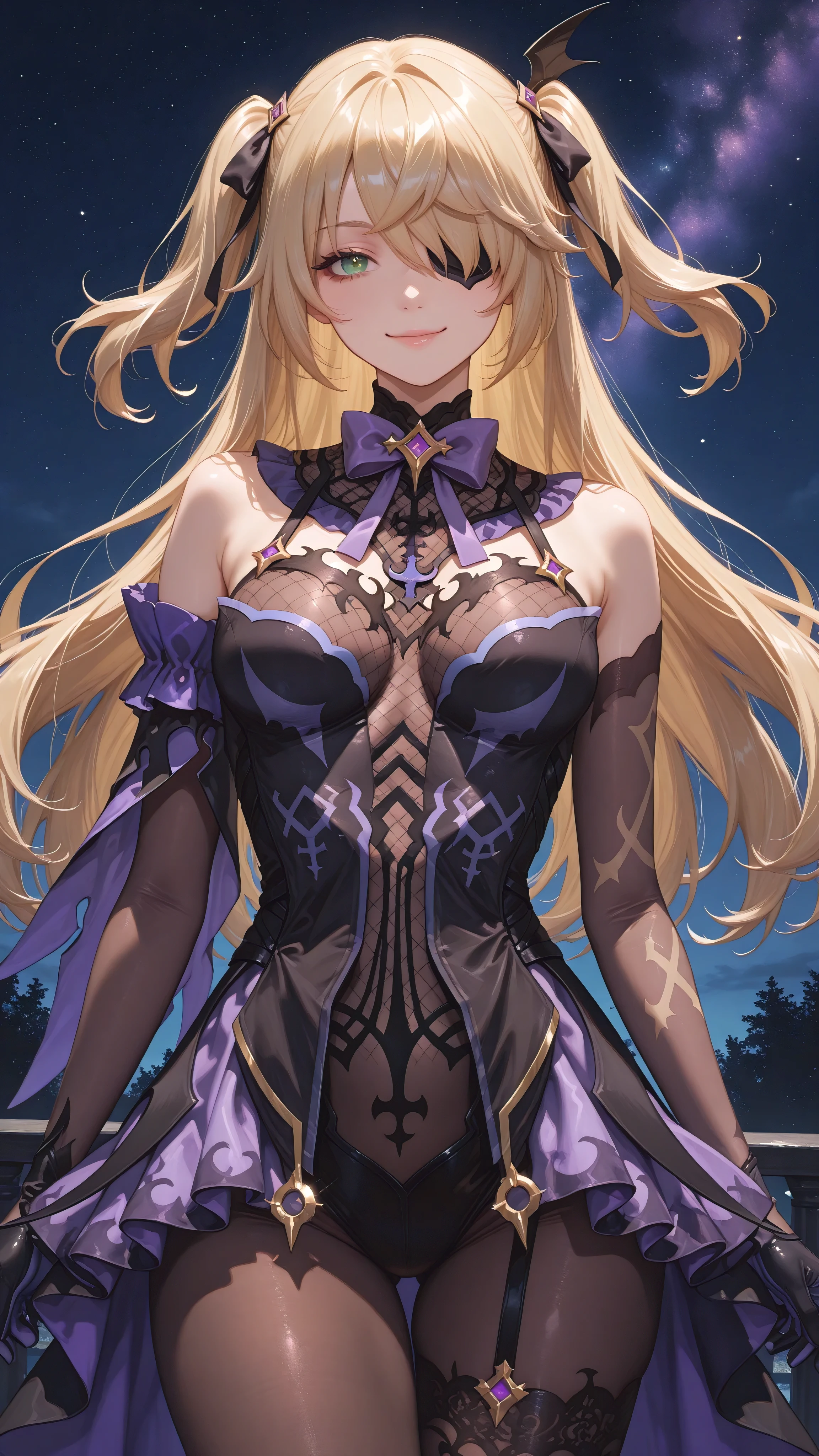 masterpiece, best quality, 32k, high resolution, absurdres, , (curvy), cute, eyelashes, vivid colors, BREAK  ,,,  zzFischl, green eyes, hair over one eye, blonde hair, hair ribbon, long hair, two side up,    bodystocking, eyepatch, leotard, ribbon, gloves, bow, bowtie,  shoulders, purple bow,   <lora:FischlGenshinIXL:1>, ,,,  smile, looking at viewer, stars, night, luminescent background, <lora:princess_xl_v2:0.3>,