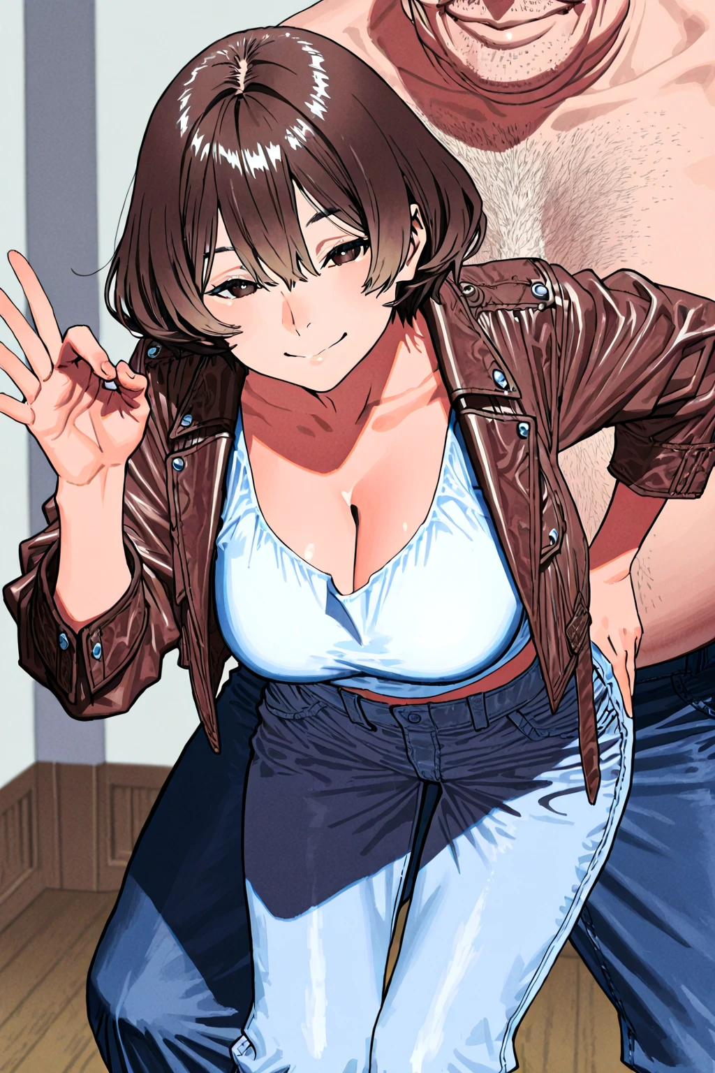 NTR Man, masterpiece, best quality, ((1 girl)), mature woman、(heavy body)、denim pants、topless、living、sit on the sofa、 Angry , angry look、((close)), ((flushed)), brown hair, short hair, looking at the viewer,Sweat、vapor、bar、dark room