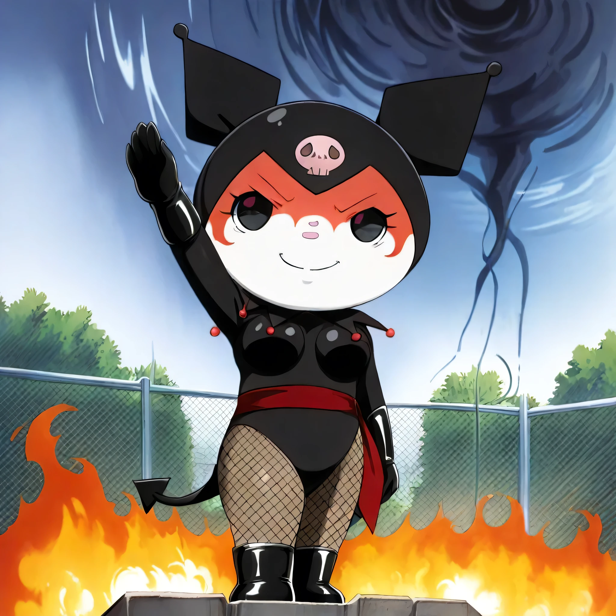 (((Masterpiece))), (((Best Quality))), ((Super Detail)), ultra-High resolution, score_9,score_8_up,score_7_up,score_6_up,score_5_up,score_4_up, BREAK, source_anime, anime screencap, uncensored, Masterpiece, (best shadow), (absurdres), (detailed background), (very aesthetic), detailed beautiful eyes, outstanding, an exquisite animation illustration, curvy, highres, shiny clothing, dark persona, empty eyes, blank eyes, shocker, black leotard, latex elbow gloves, brown fishnet pantyhose, blue skin, colored skin, red sash, makeup, red skin, (((solo, 1girl))), hair ornament,  pose, submissive pose, anime style, anime coloring, animification, megami magazine,  pose, dynamic angle, cinematic angle, dutch angle, small , (((kuromi, feral, jester cap, dot eyes, skull print, tail, black eyes, chibi, furry))), evil smile, closed mouth, garden, flower, wind, windy, petal, leaf, apocalyptic, apocalyptic sky, grey sky, tsunami, tornado, hurricane, fire, burning, blazing, earthquake, salute, saluting, standing, standing at attention, standing still, looking ahead, shocker salute, hand up, arm up, speed line, motion line, powerful, roar, full body