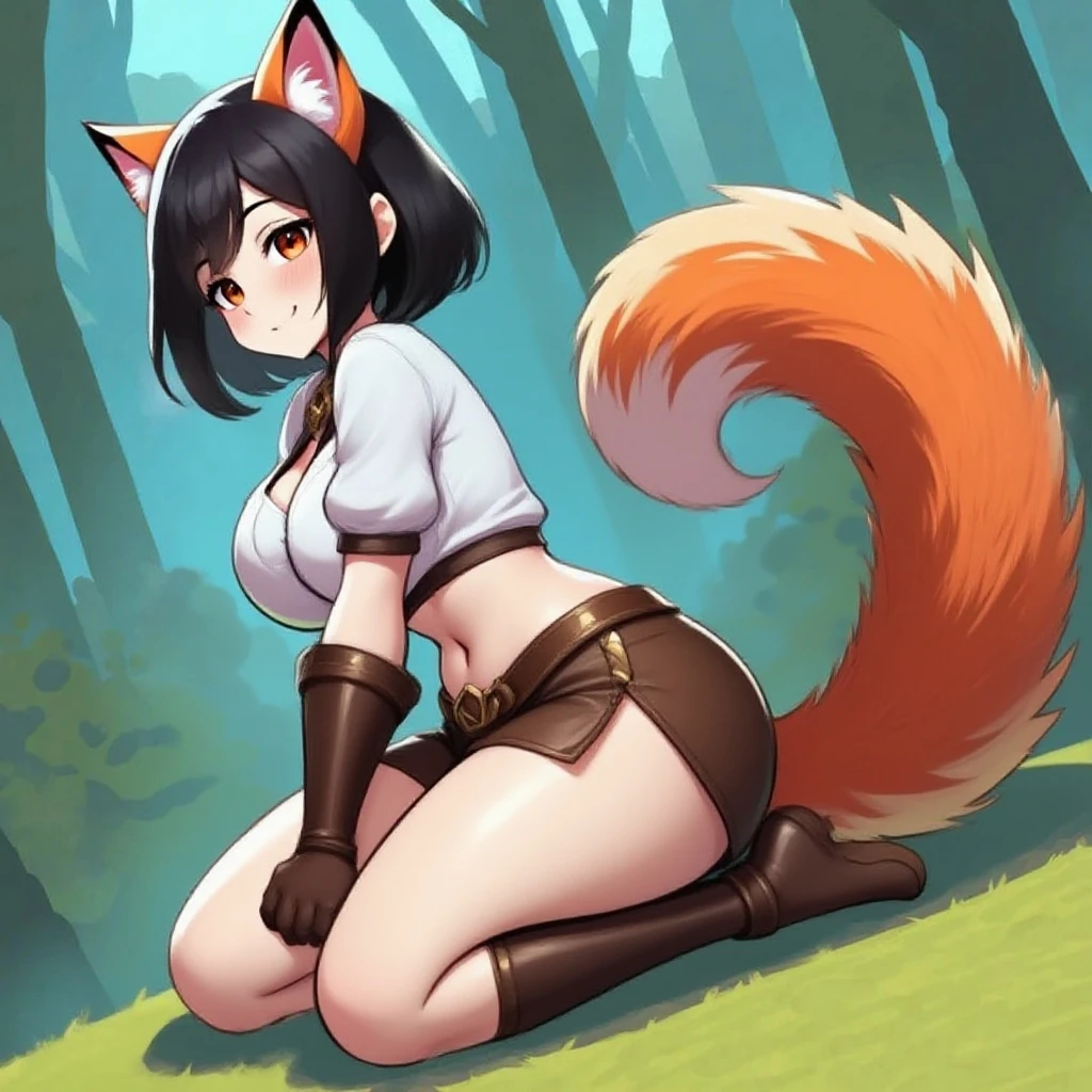 masterpiece, highest quality, (, , Yellow gas:1.2), ((おからの)), Yellow smoke, (((Skunk Girl))), Black Hair, (((Skunk tail))), (((Big tail))), の上e tailed, (Skirt tail), Animal ears