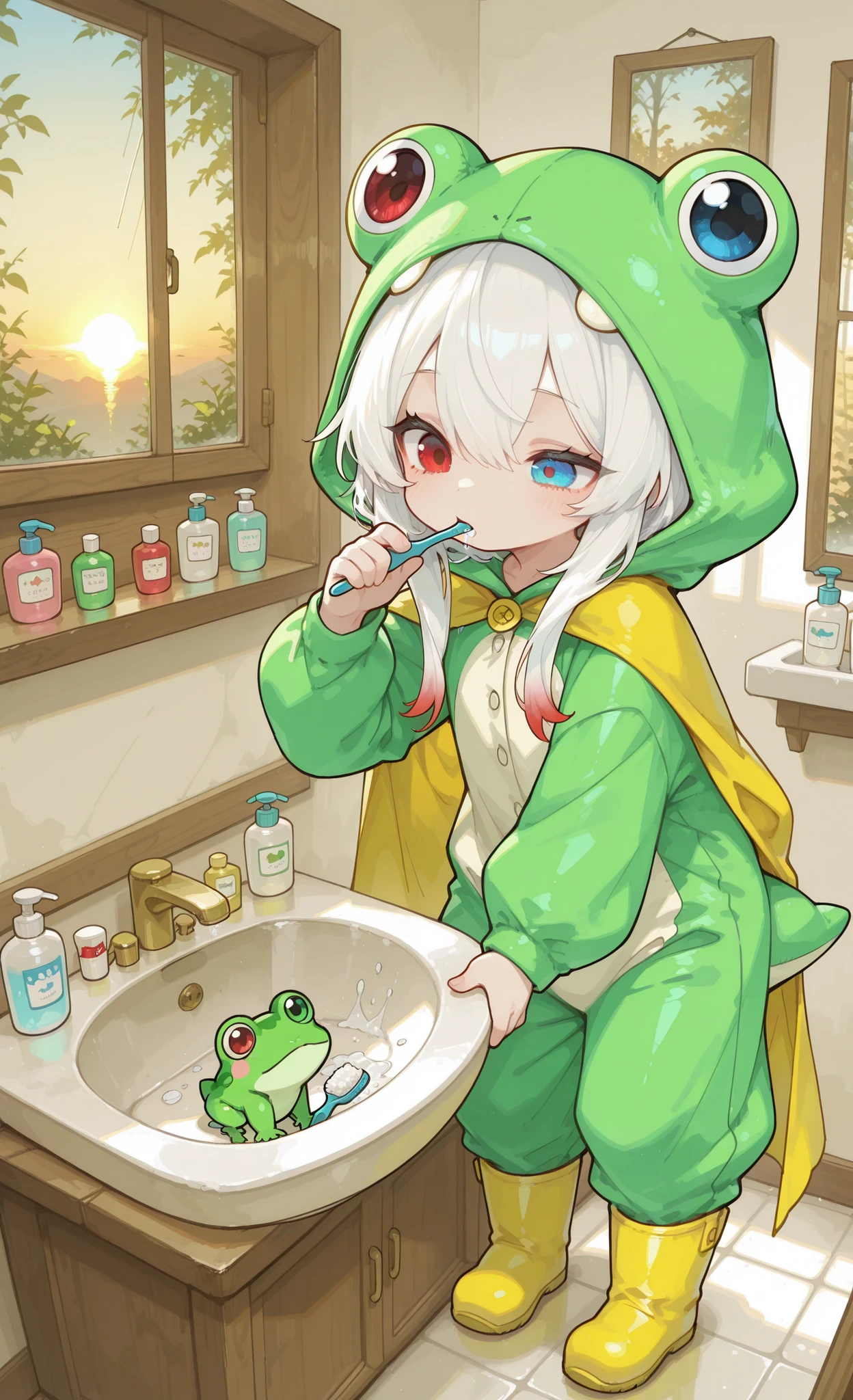 Melys Chibi, masterpiece, best quality, ultra-detailed:1.3, chibi style, 1girl, solo, pure white hair with soft gradient red tips, heterochromia crimson red right eye:1.3 and ice blue left eye:1.3, fair skin, wearing bright green frog onesie with yellow cape, yellow rain boots, brushing teeth, holding toothbrush, half open eyes, cozy bathroom, sink, mirror, curtained window, sunrise, simple background