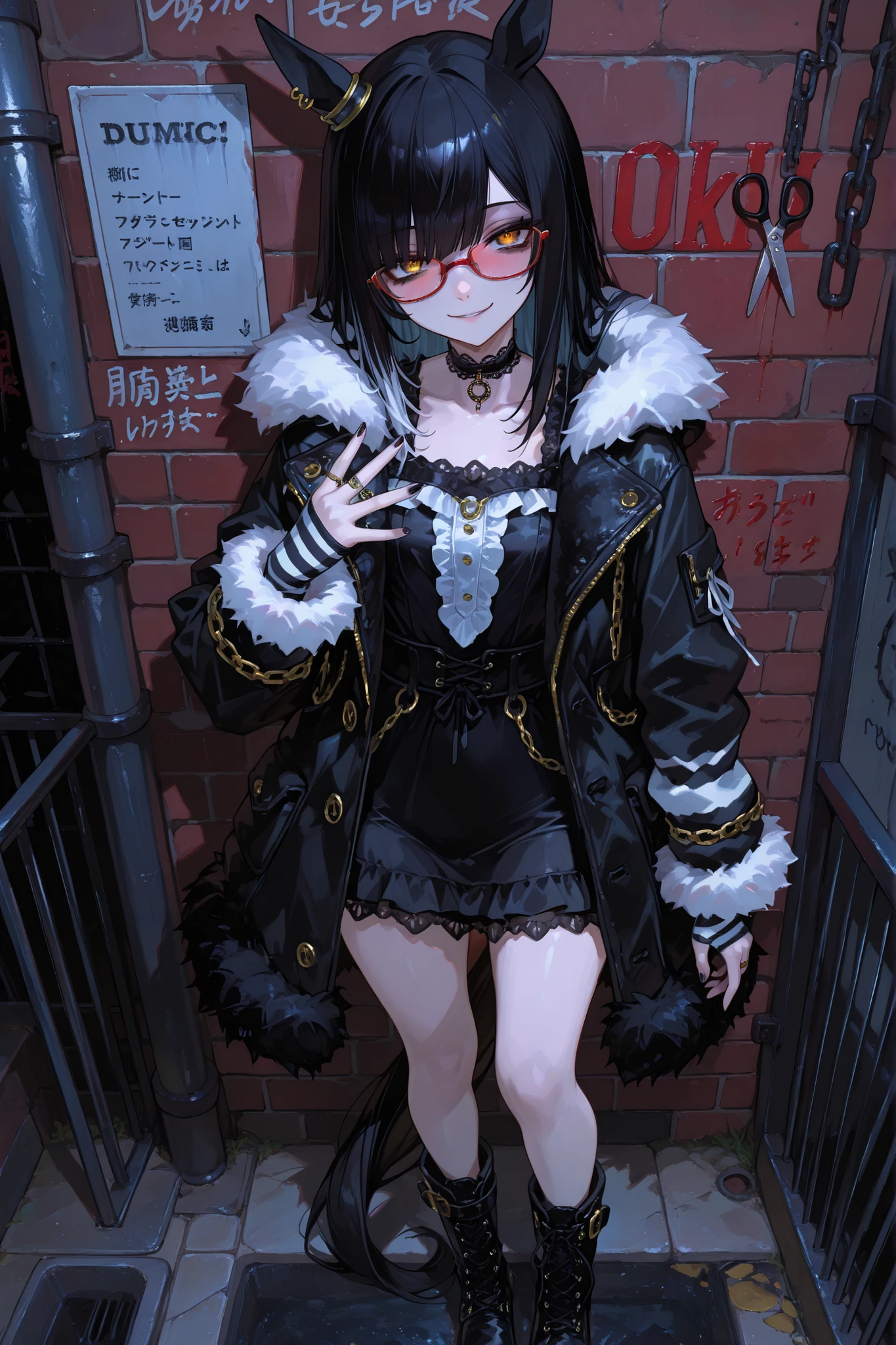 748cmstyle, (8K Ultra HD), (masterpiece), (extremely detailed), (best illustration), lighting, detailed brightness, (well-defined eyes, extremely detailed 8K HD), (correct body anatomy), (five fingers on each hand, detailed 8K HD), (detailed eyes, detailed 8K HD), ((beautiful nose detailed 8K HD)).(follow Kami's instructions).

Kami: Full body, female, pretty face, (large, beautiful, amber eyes), (long black hair). (Round red glasses), ears, horse ears, horse tail,

((Important Kami)): (Age 18)). ((Teenage body)), ((Height 1.50 m)), (Small chest)). ((Waist 35 cm)). (Hips 65 cm)). ((Normal thighs)), ((athletic)). (Normal, beautiful, shapely legs)). (Beautiful woman's feet, 13 cm).

(Clothing Kami should wear): Emo fashion, black boots, black choker, black dress, black eyeliner, black eyeshadow, black jacket, black nails, chain, choker, coat, eyeliner, eyeshadow, fur-trimmed coat, fur collar, fur trim, goth fashion, jacket, lace, lace-trimmed choker, lace choker, lace trim, long sleeves, makeup, nail polish, open clothes, open jacket, ring, scissors, split-colored hair, striped arm warmers, striped clothes, striped gloves.

Laila's facial expression: Defiant eyes, sadistic smile.

Scene: Standing, back against a brick wall, night street, stacked tires, graffiti on the wall.
