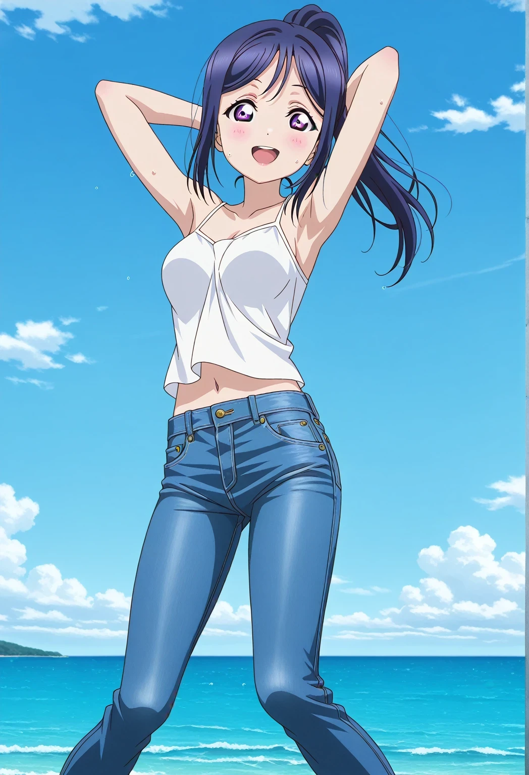 score_9, score_8_up, score_7_up, source_anime, highres, hi res, ((best quality, top quality, perfect quality, Highest Quality, amazing quality)), {{masterpiece}}, {{an extremely delicate and beautiful}}, 2d, intricate details, official style, anime, 8k, anime style, official_anime, official art, digital painting, cell shading, soft shading, high resolution, soothing tones, Subdued Color, Soft cinematic light, adobe lightroom, photolab, HDR, intricately and hyper-detailed, ((high quality animation)), 1 girl, Alone, solo, ((ocean)), tsunami, on the water, day, sunny, outdoors, sky, windy, kanan matsuura, Love Live! Sunshine!!, long hair, blue hair, purple eyes, ponytail, sidelocks, anime coloring, anime screencap, medium breasts, white camisole top, crop top, white crop top, best quality, hyper-detailed jeans, ((blue jeans:1.9)), (dark blue jeans:0.6), full medium body, medium shot, Open mouth, smiling, happy face, blush, sweat, standing, ((arms behind head:6.0)), ((perfect arm line:2.5)), perfect hand line, bowlegged, jumping pose, action, looking at viewer, spread legs, Bend knees slightly, straight-on front view