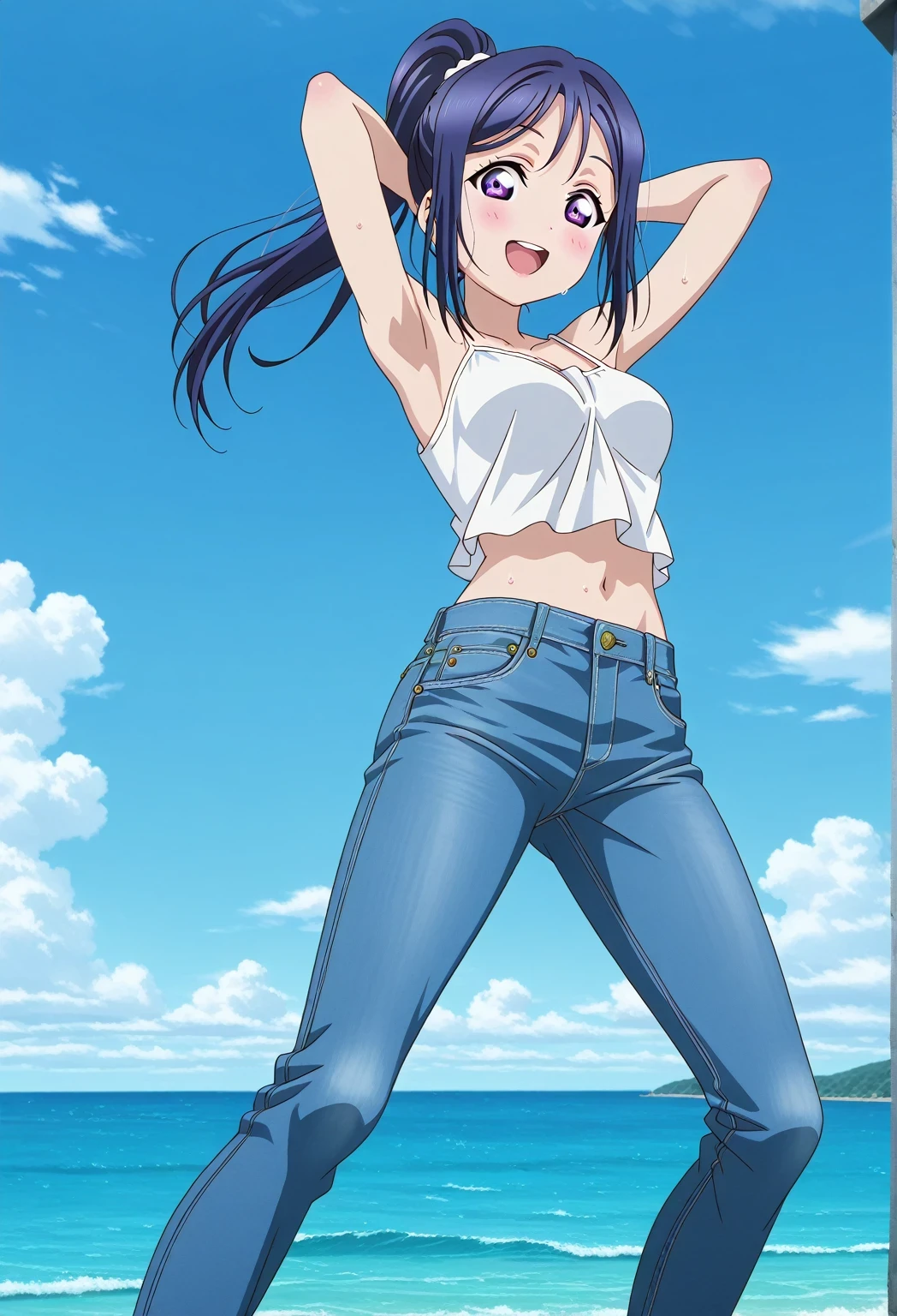 score_9, score_8_up, score_7_up, source_anime, highres, hi res, ((best quality, top quality, perfect quality, Highest Quality, amazing quality)), {{masterpiece}}, {{an extremely delicate and beautiful}}, 2d, intricate details, official style, anime, 8k, anime style, official_anime, official art, digital painting, cell shading, soft shading, high resolution, soothing tones, Subdued Color, Soft cinematic light, adobe lightroom, photolab, HDR, intricately and hyper-detailed, ((high quality animation)), 1 girl, Alone, solo, ((ocean)), tsunami, on the water, day, sunny, outdoors, sky, windy, kanan matsuura, Love Live! Sunshine!!, long hair, blue hair, purple eyes, ponytail, sidelocks, anime coloring, anime screencap, medium breasts, white camisole top, crop top, white crop top, best quality, hyper-detailed jeans, ((blue jeans:1.9)), (dark blue jeans:0.6), full medium body, medium shot, Open mouth, smiling, happy face, blush, sweat, standing, ((arms behind head:6.0)), ((perfect arm line:2.5)), perfect hand line, bowlegged, jumping pose, action, looking at viewer, spread legs, Bend knees slightly, straight-on front view